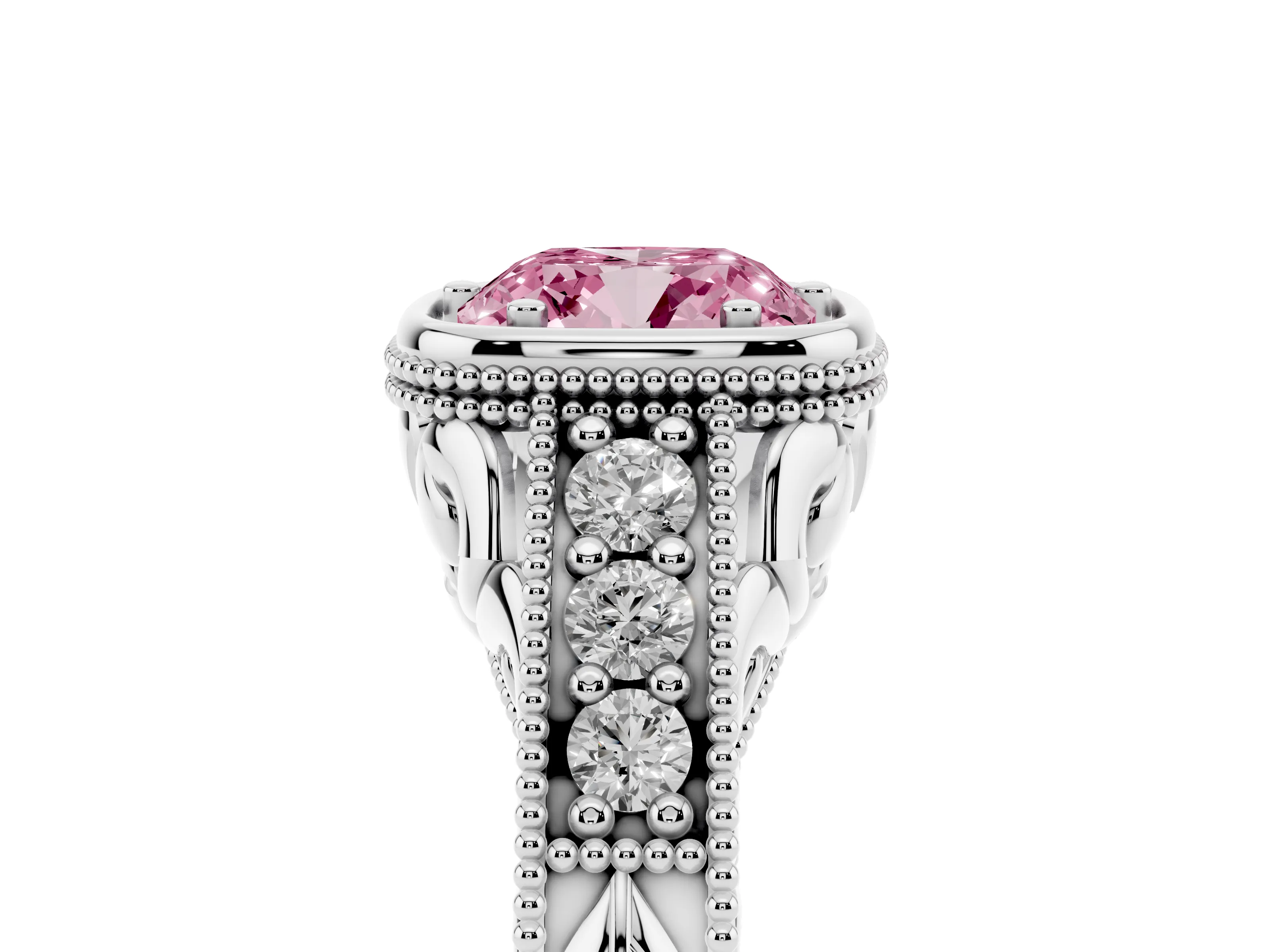 Fancy Pink Bezel Set Cushion Cut Diamond Milgrain Pavé Engagement Ring Set in Silver