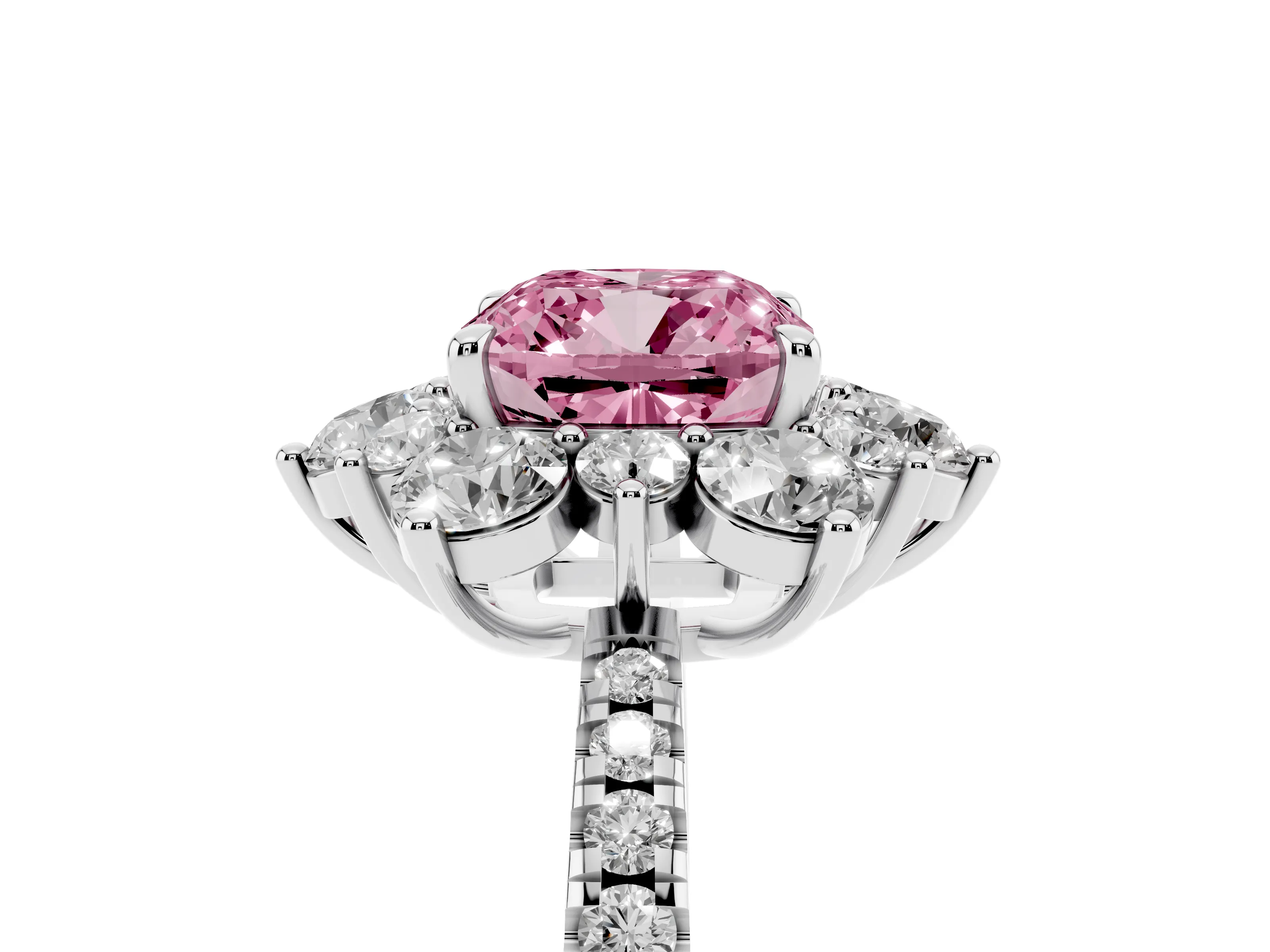 Fancy Pink Cushion Cut Diamond Floral Halo Ring Set in Silver with Round Pavé Band and Prong Setting