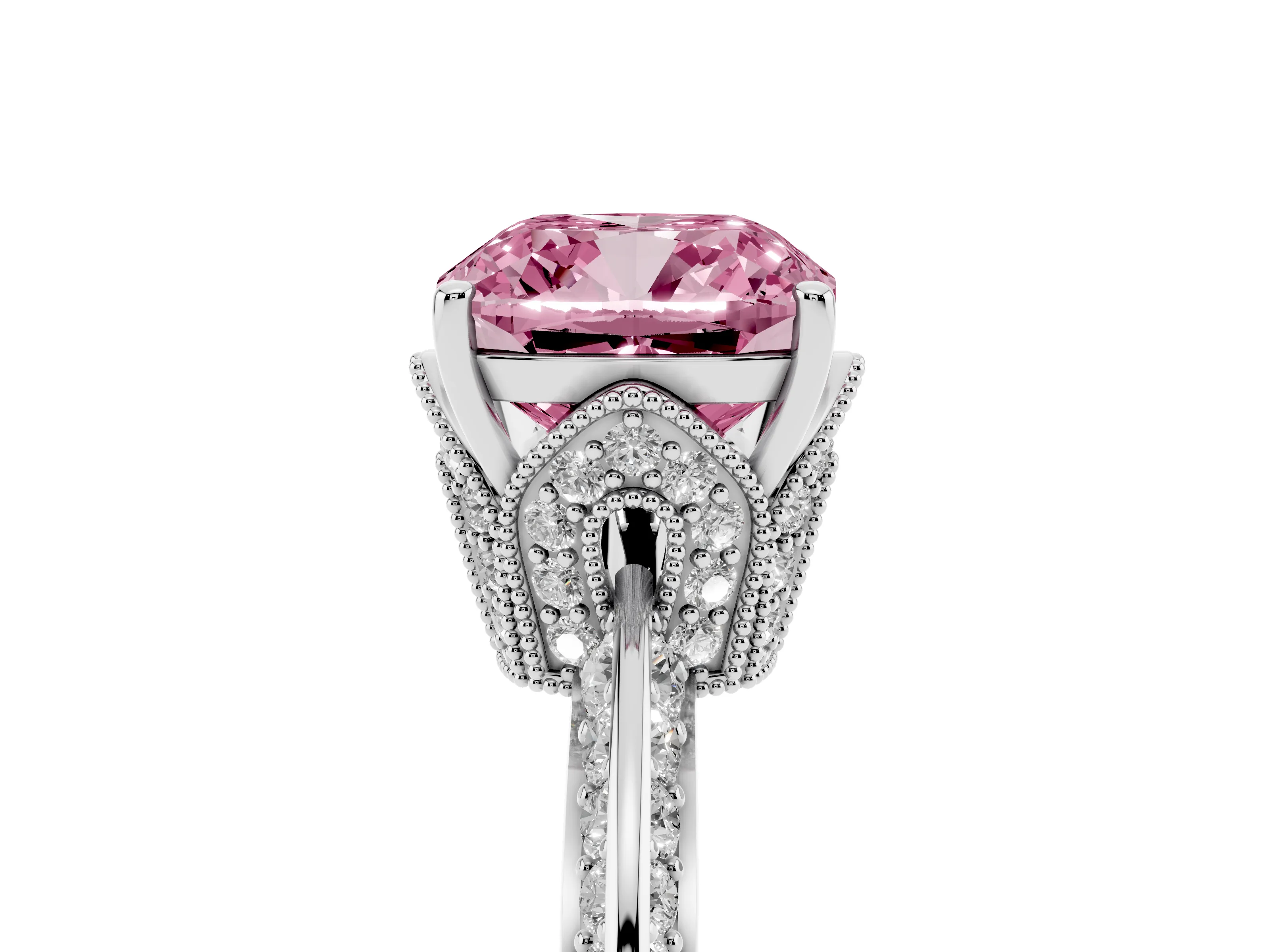 Fancy Pink Cushion Cut Diamond Solitaire Engagement Ring Set in Platinum with Pavé Split Shank and Prong Setting