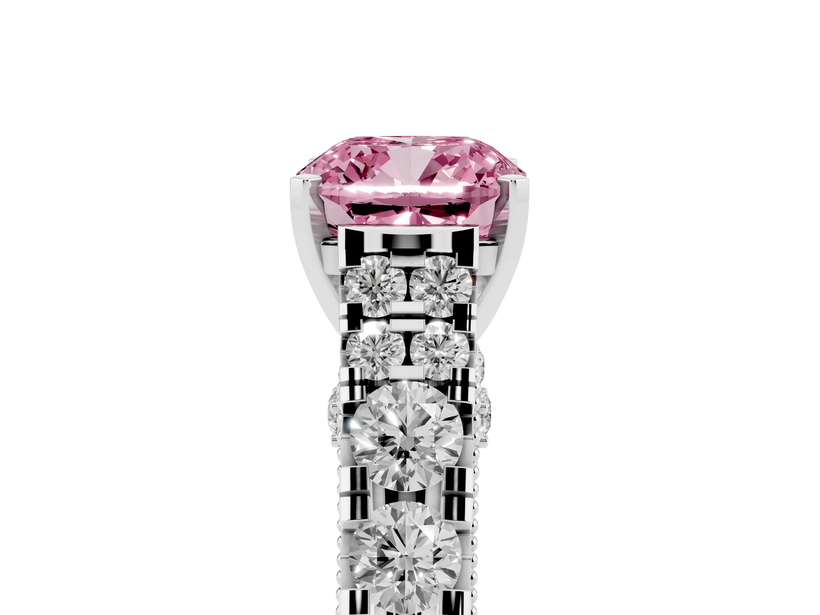 Fancy Pink Cushion Cut Diamond Classic Solitaire Ring Set in White gold with Pavé Band and Prong Setting