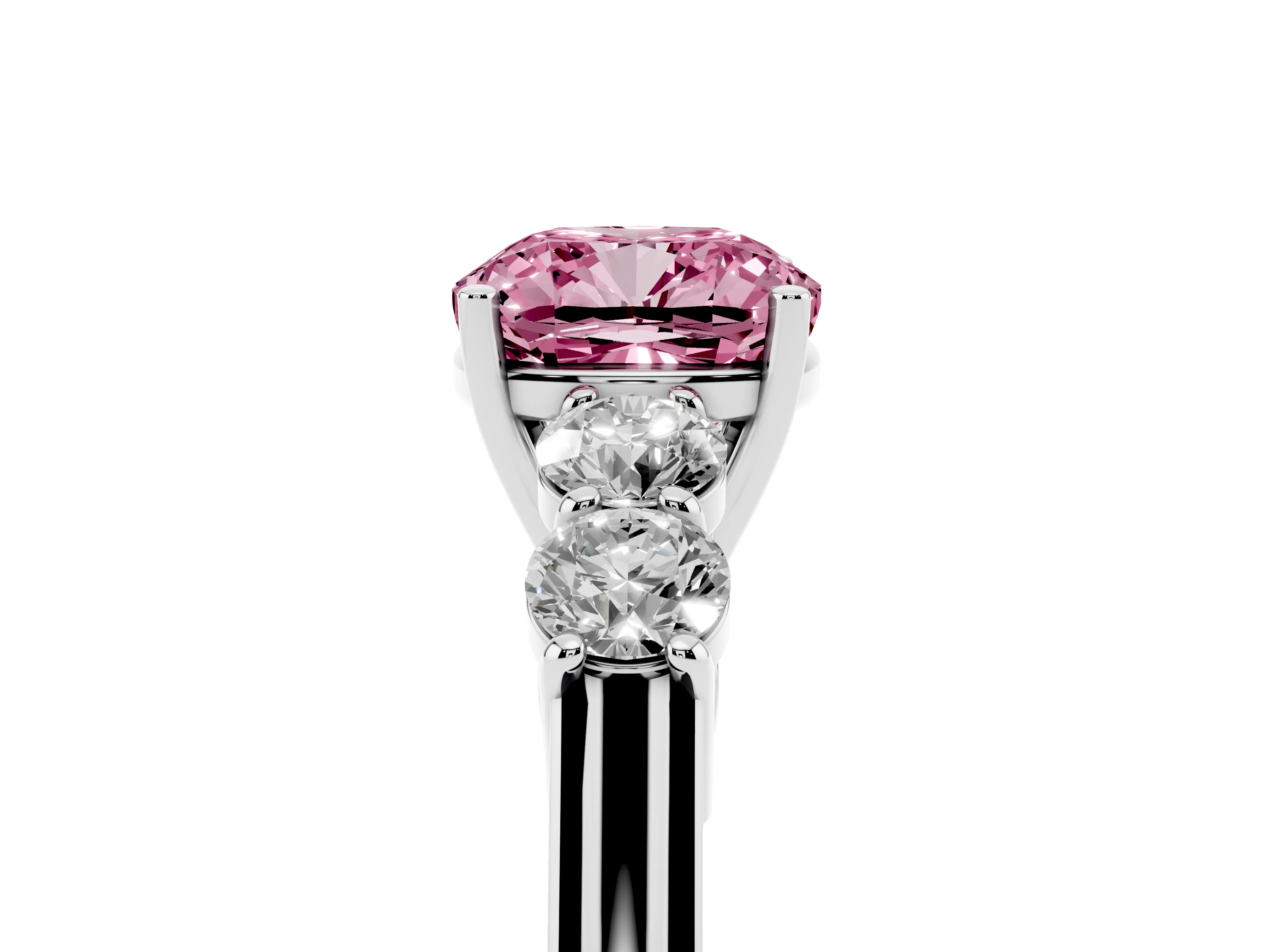 Fancy Pink Cushion Cut Diamond Five-Stone Prong Set Band Ring Set in White gold with Polished Band