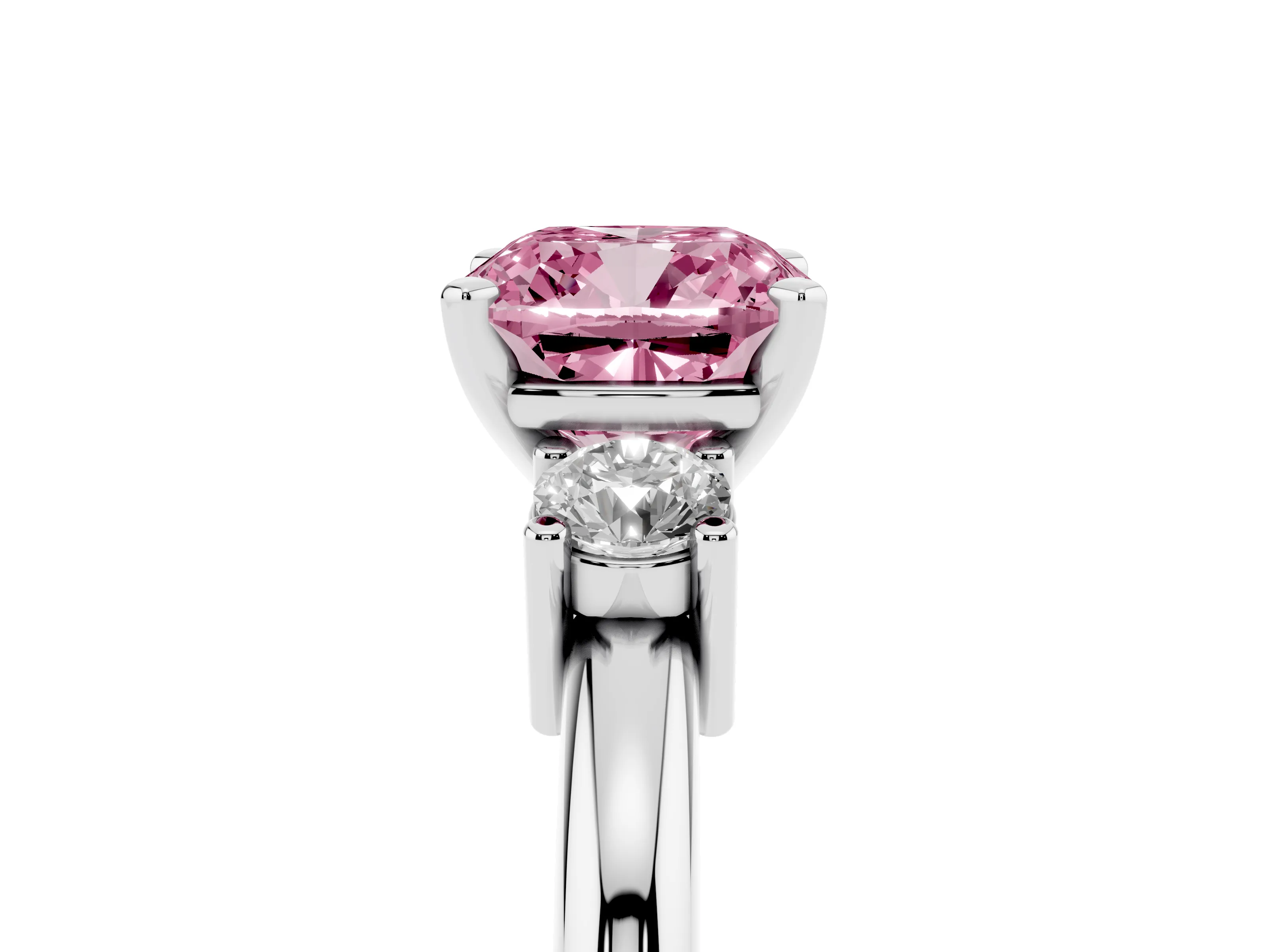 Fancy Pink Three-Stone Cushion Cut Diamond Ring Set in Platinum with Prong Setting and Plain Band