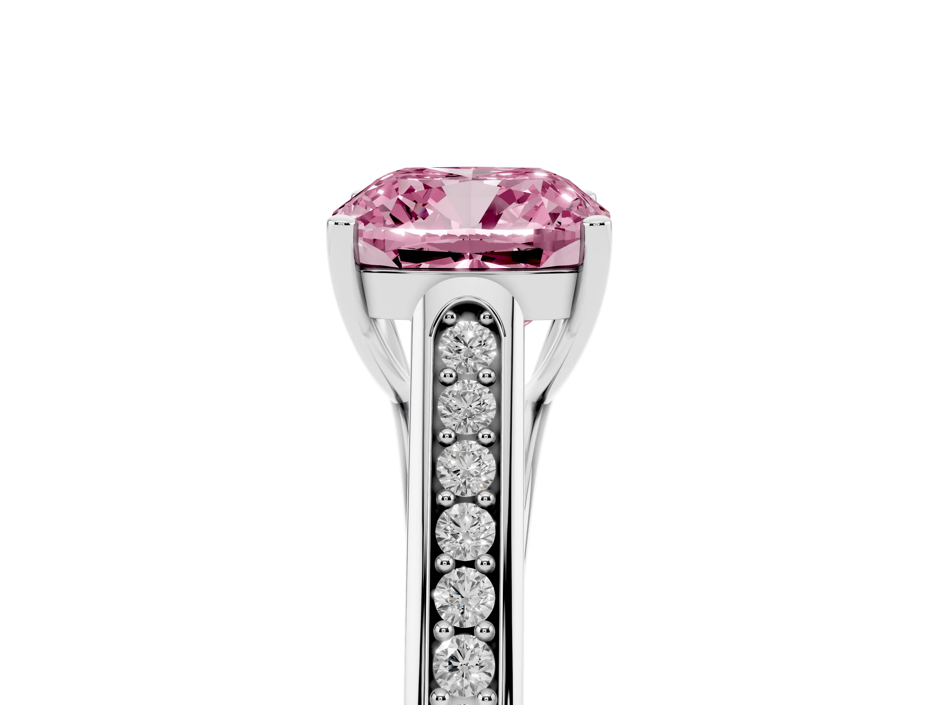 Fancy Pink Cushion Cut Diamond Solitaire Cathedral Engagement Ring Set in White gold with Channel-Set Band and Prong Setting