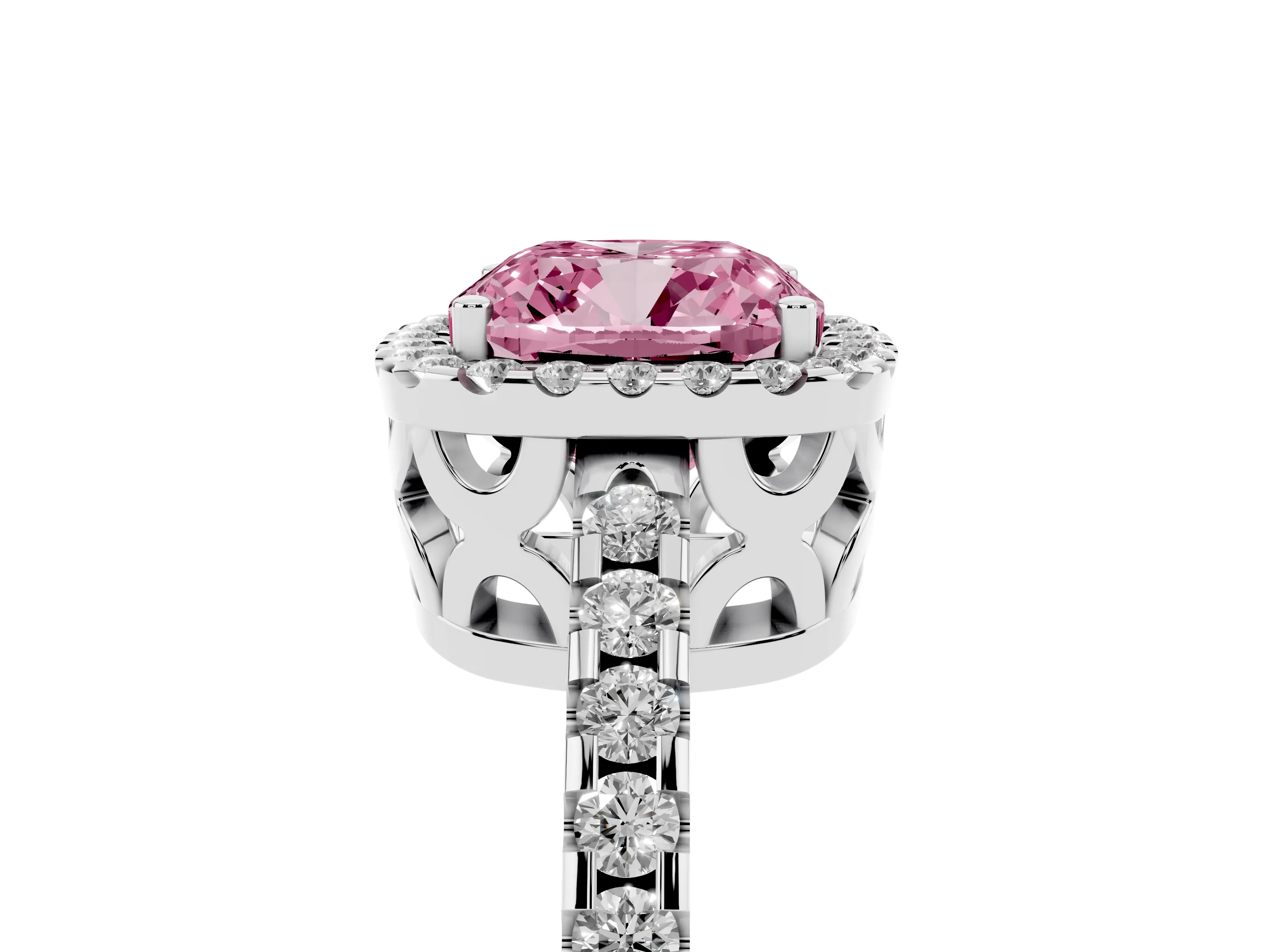 Fancy Pink Cushion Cut Diamond Halo Ring Set in White gold with Pavé Shoulders and Halo-Framed Center