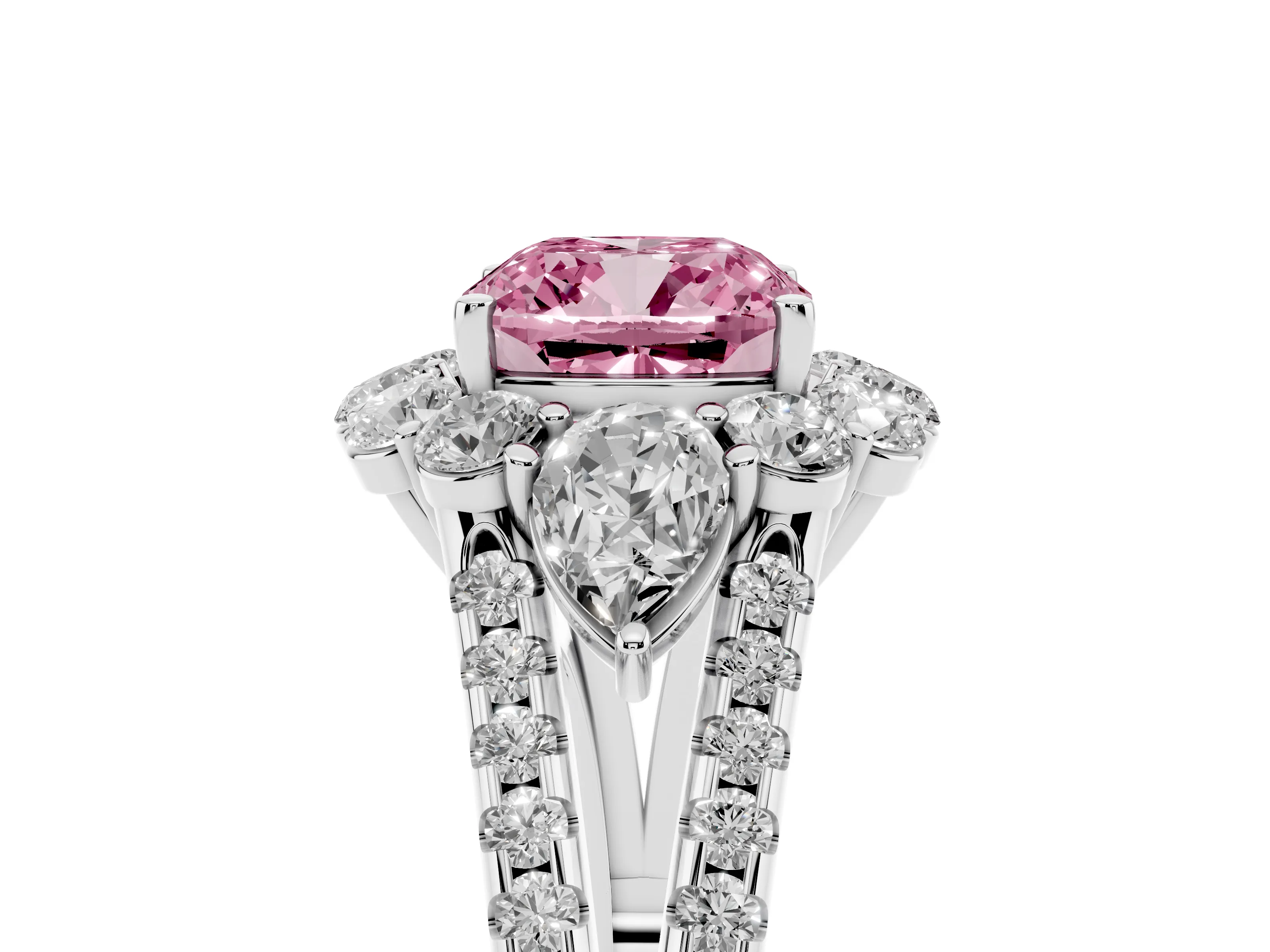 Fancy Pink Cushion Cut Diamond Halo Split Shank Engagement Ring Set in Platinum with Prong-Held Center Stone