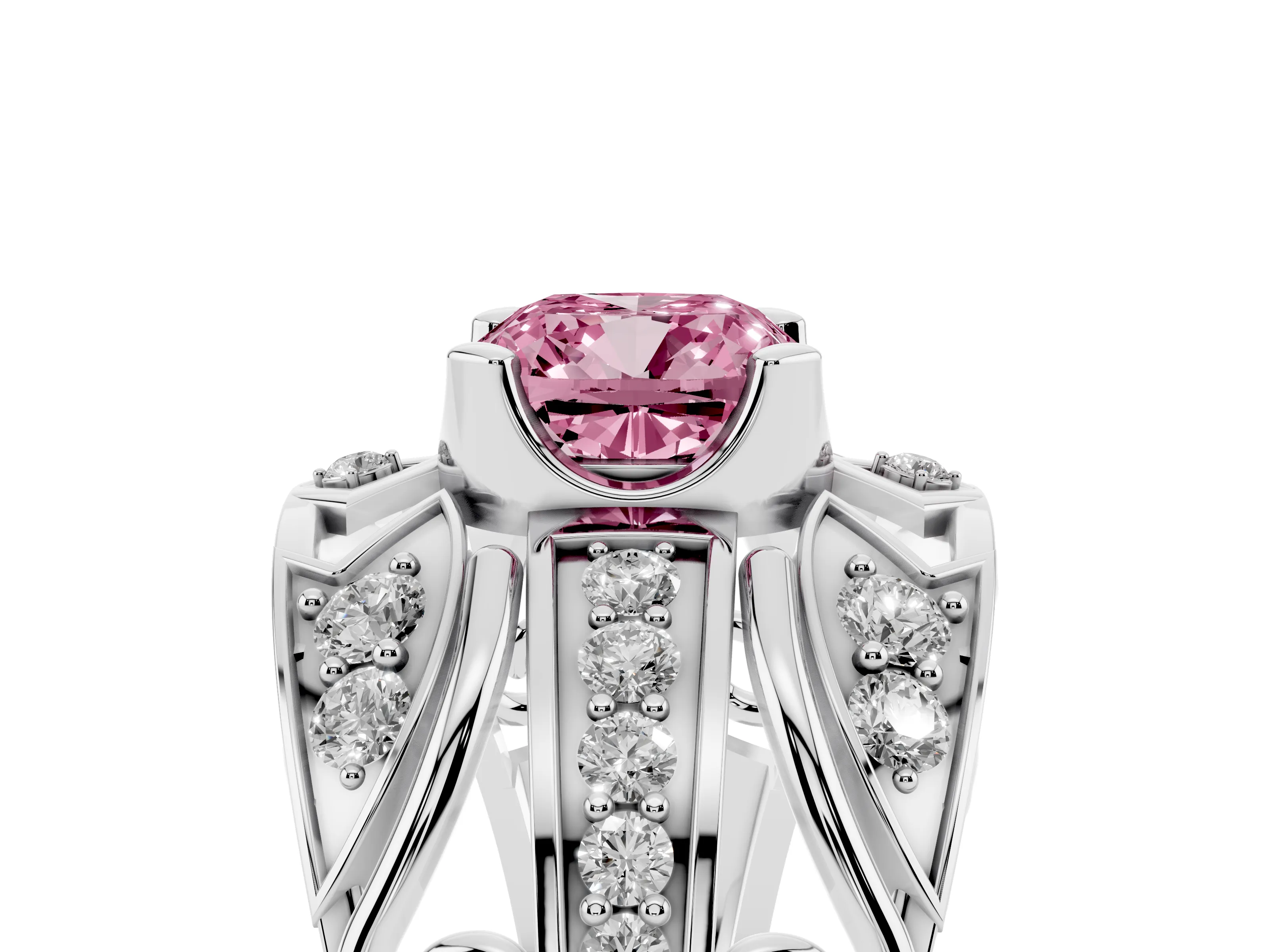 Fancy Pink Cushion Cut Diamond Art Deco Ring Set in Silver with Pavé Split Shank