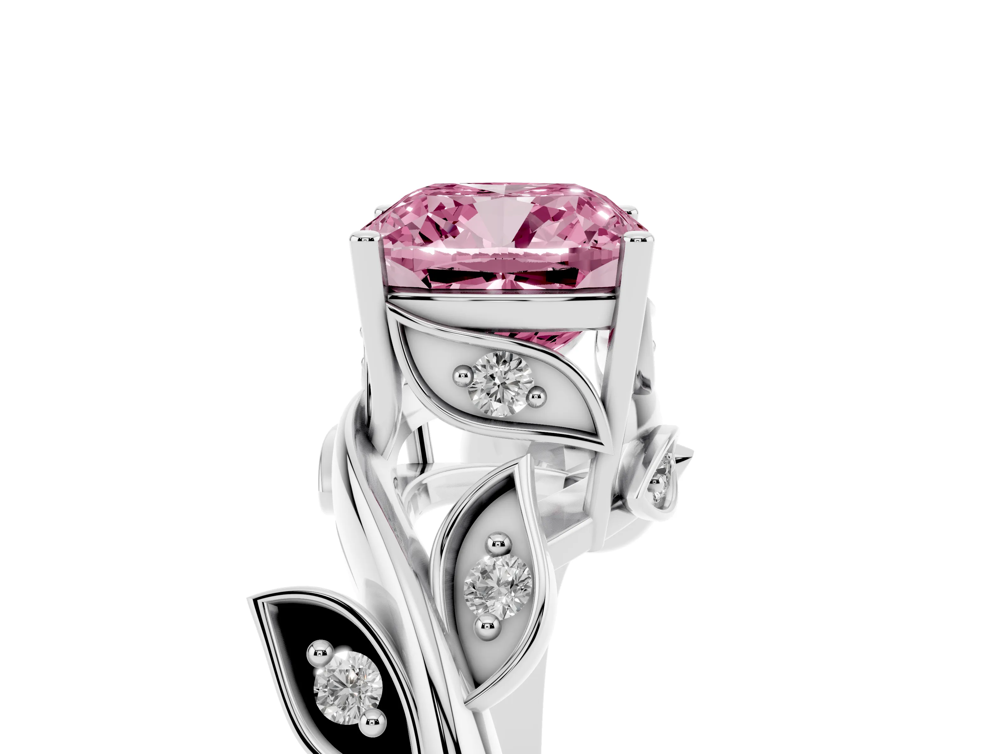 Fancy Pink Cushion Cut Diamond Solitaire Twist Engagement Ring Set in Platinum with Pavé Leaf Accents