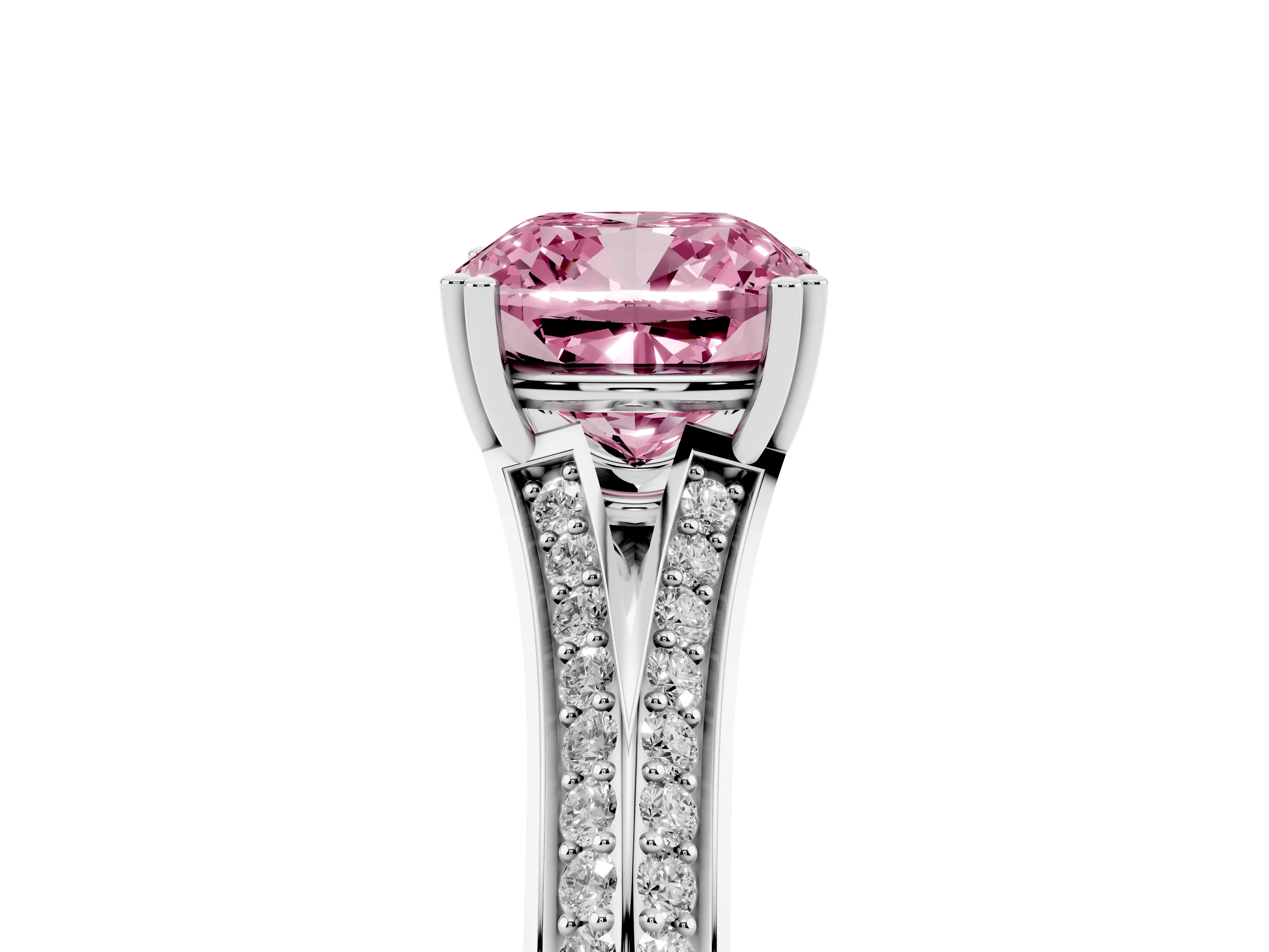 Fancy Pink Cushion Cut Diamond Split Shank Pavé Engagement Ring Set in White gold with Prong-Set Center Stone