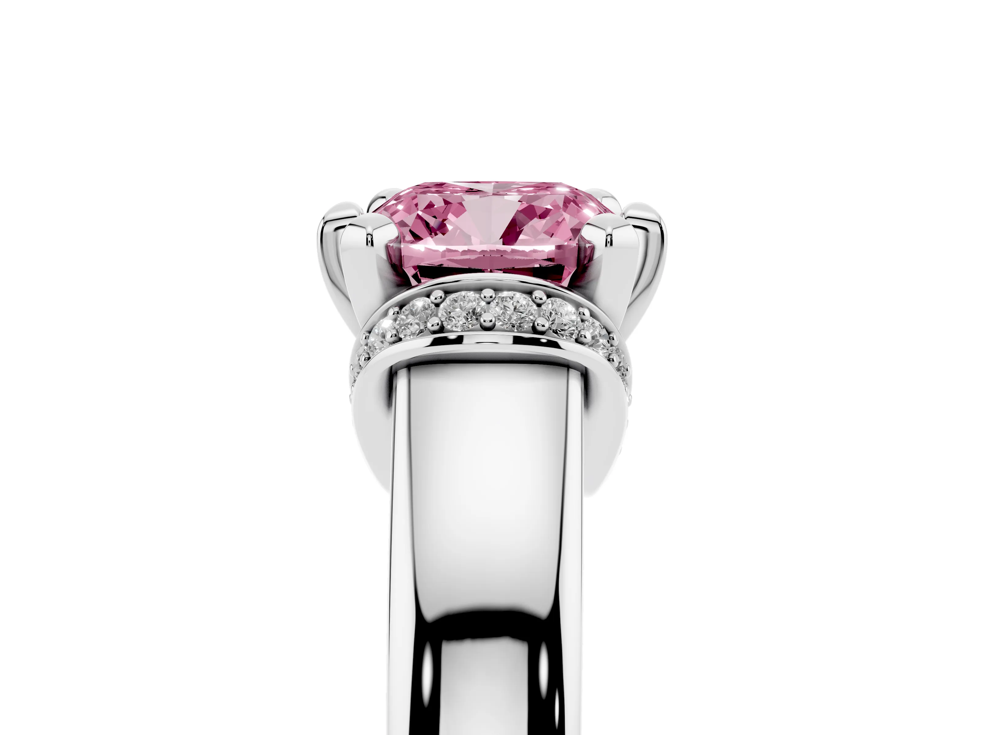 Fancy Pink Cushion Cut Diamond Pavé Band Solitaire Ring Set in Silver with Prong Setting