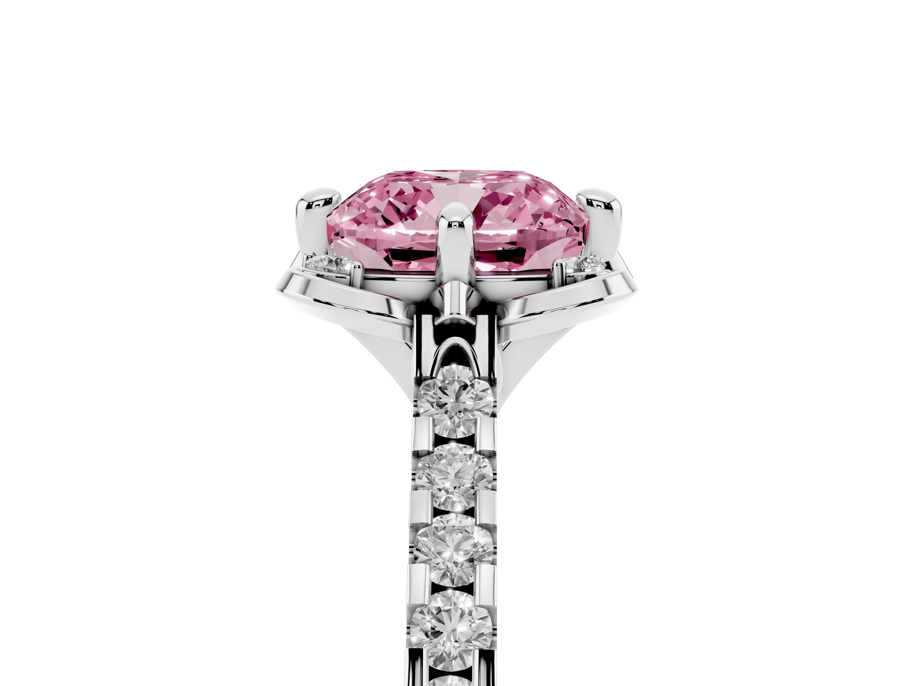 Fancy Pink Cushion Cut Diamond Solitaire Ring Set in Platinum with Pavé Band and Floral Prong Setting