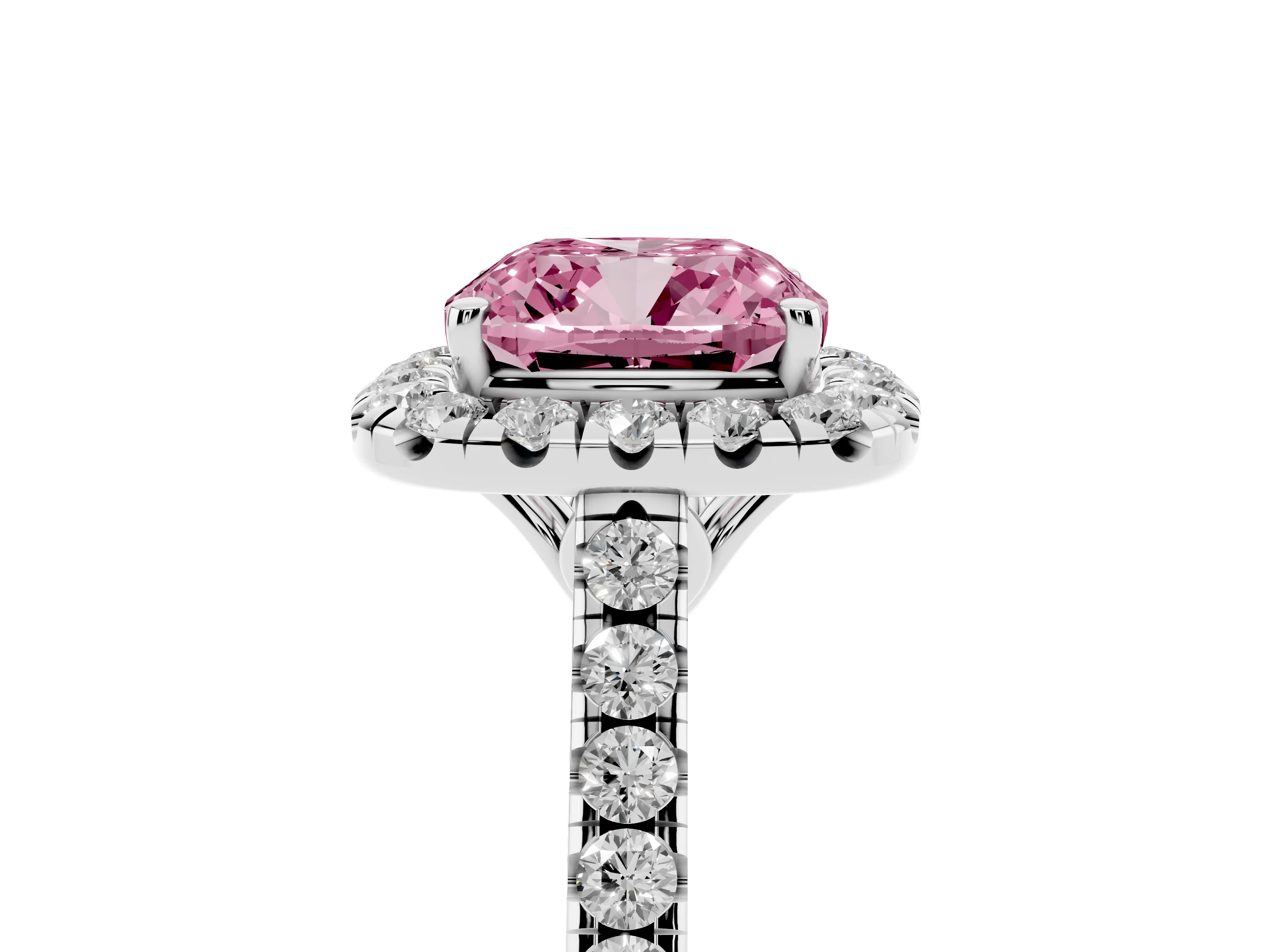 Fancy Pink Cushion Cut Diamond Pavé Halo Engagement Ring Set in Platinum with Pavé Band and Prong Setting