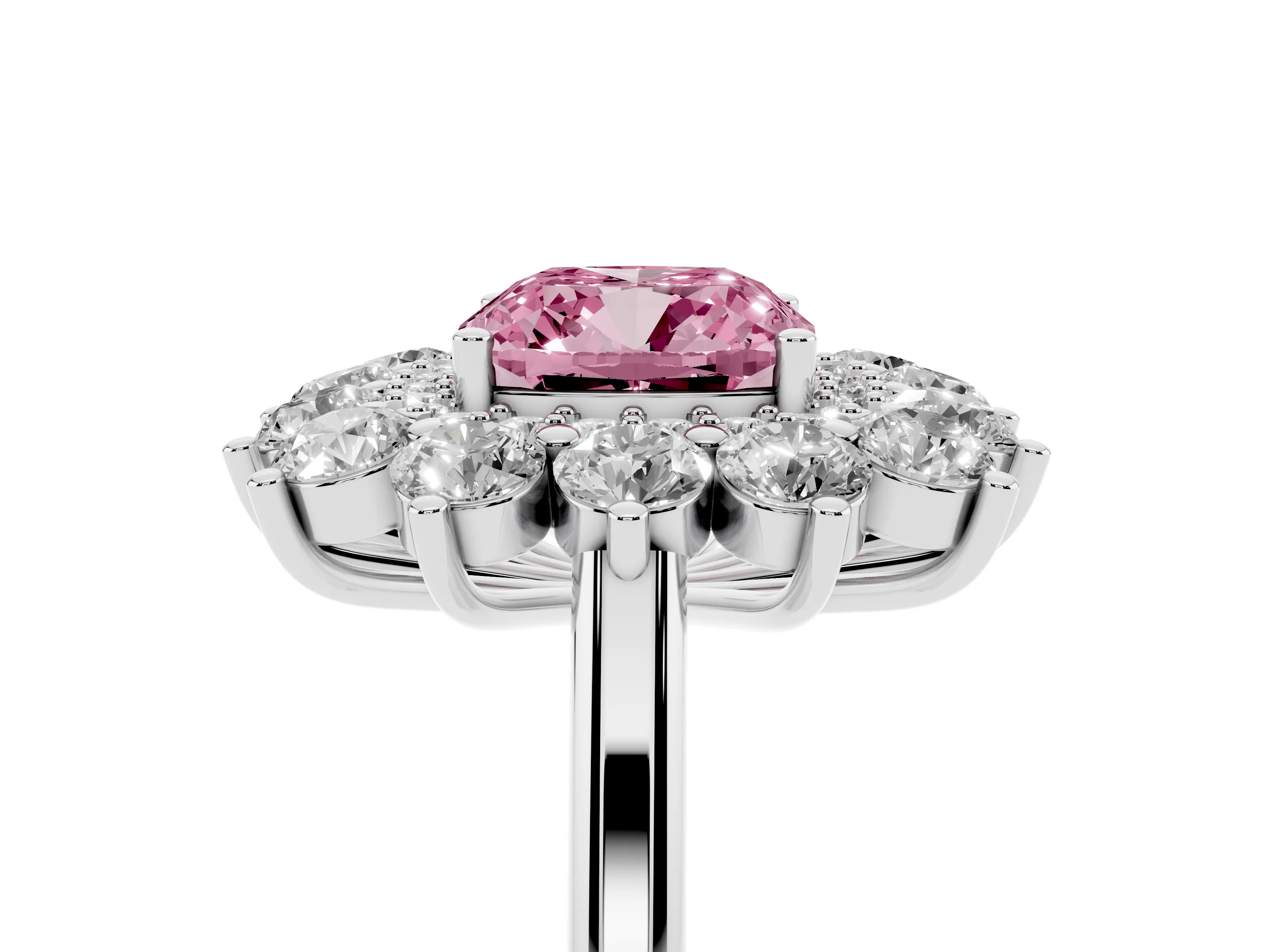 Fancy Pink Cushion Cut Diamond Floral Double Halo Ring Set in White gold with Round Petals