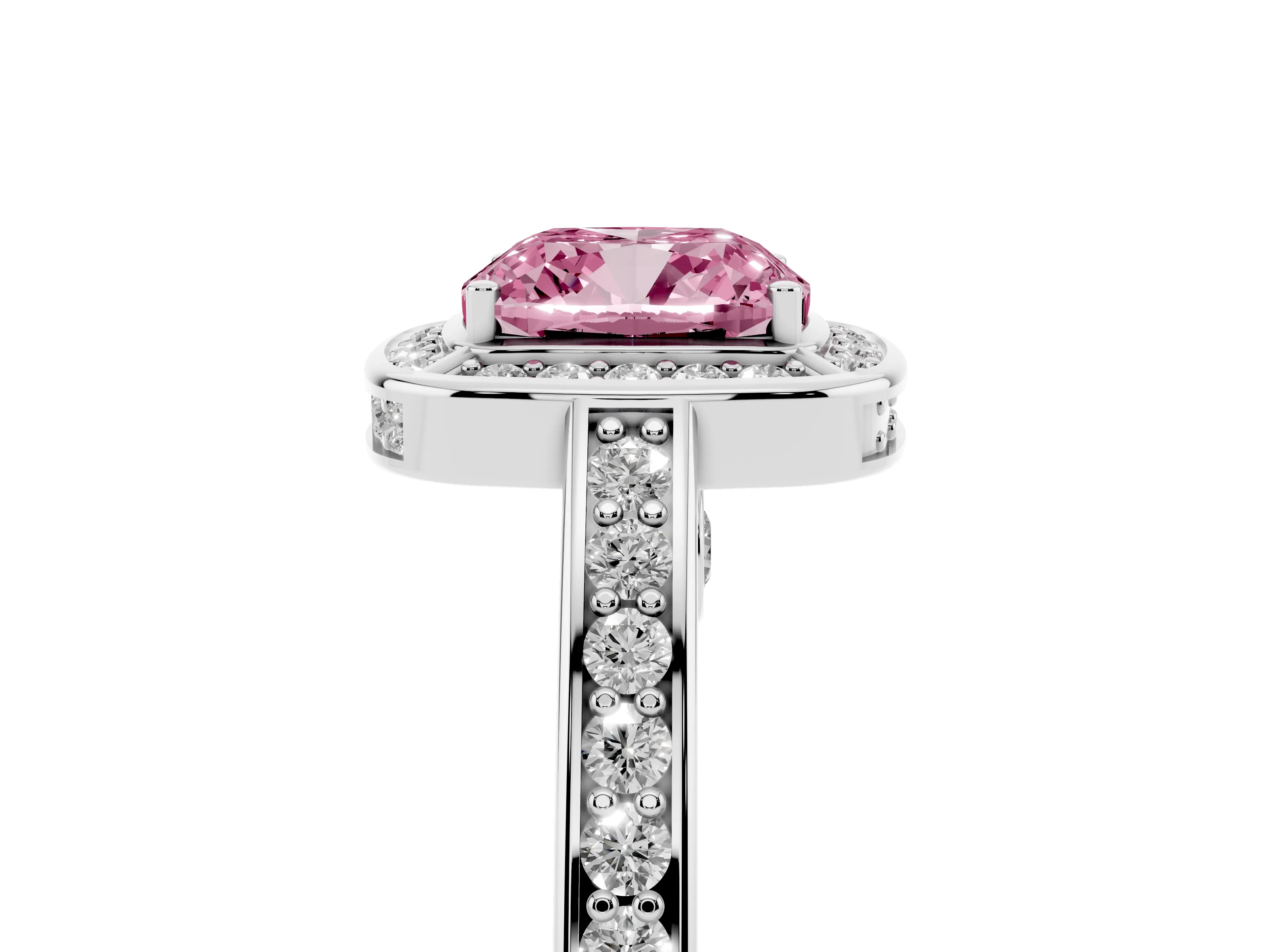 Fancy Pink Cushion Cut Diamond Halo Pavé Split Shank Ring Set in Silver with Prong Setting