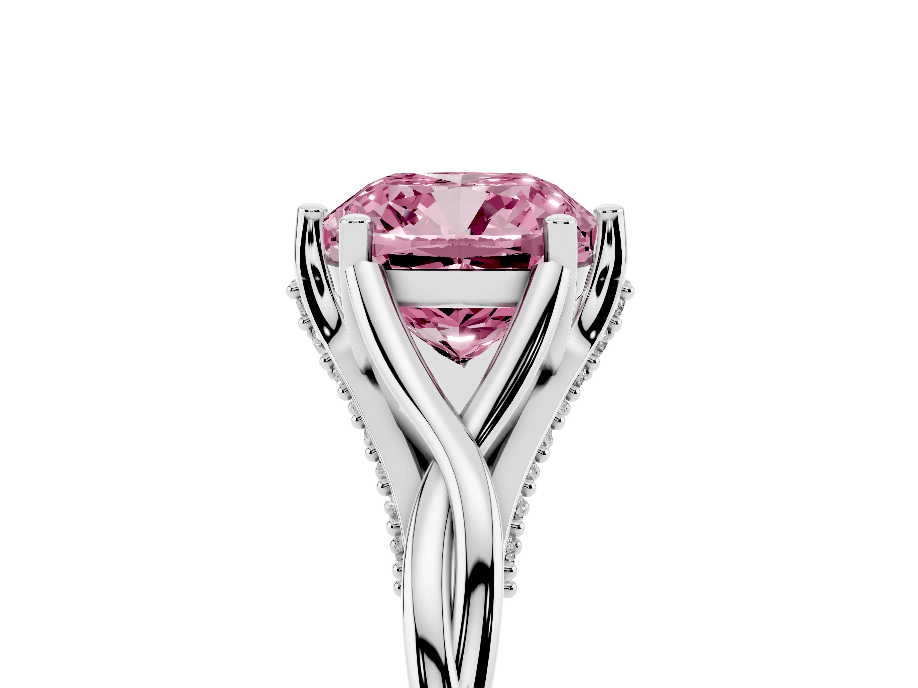 Fancy Pink Cushion Cut Diamond Intertwined Twist Band Solitaire Ring Set in White gold with Prong Setting
