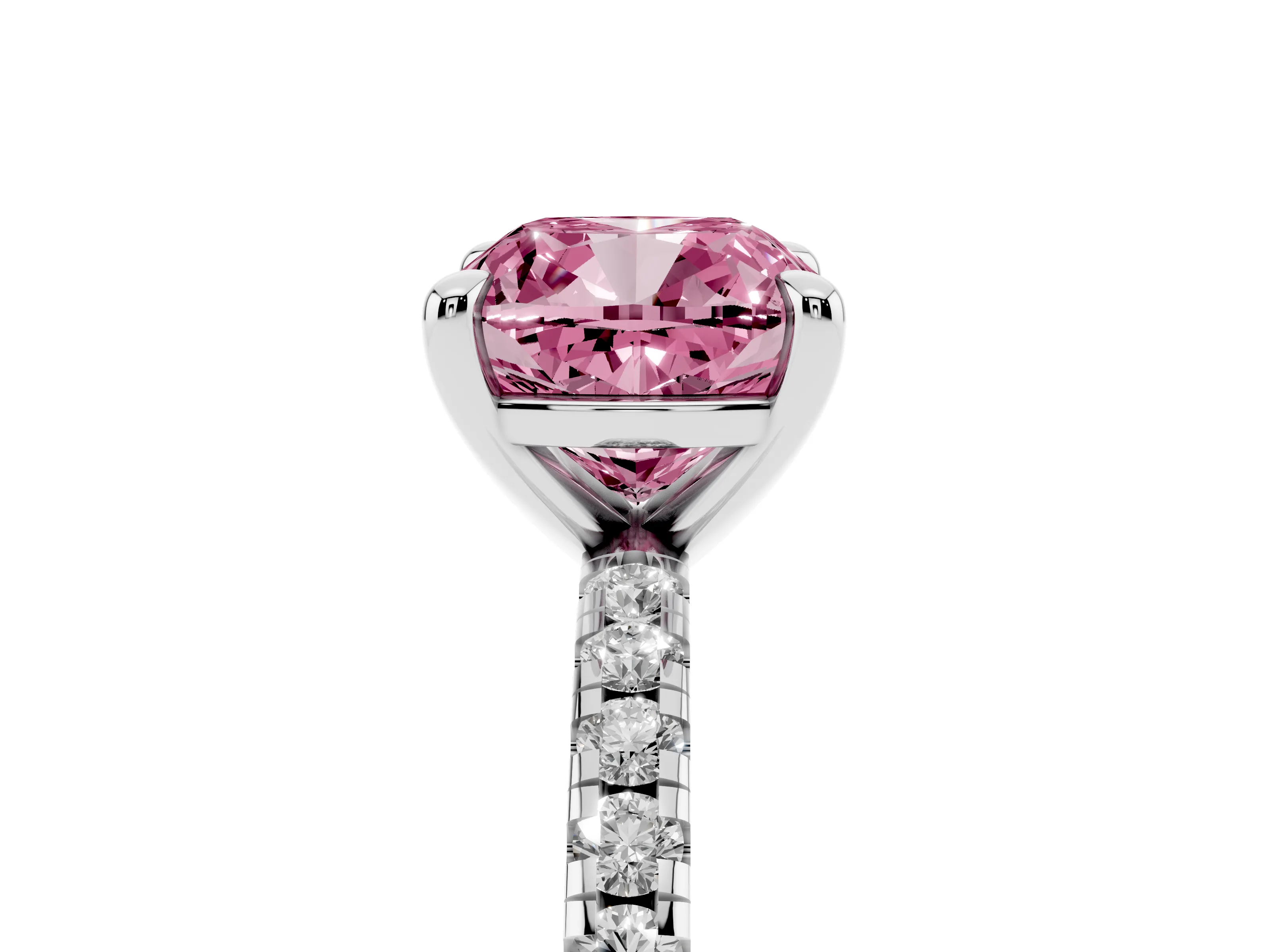 Fancy Pink Cushion Cut Diamond Brilliant Solitaire Ring Set in Silver with Pavé Band and Prong Setting
