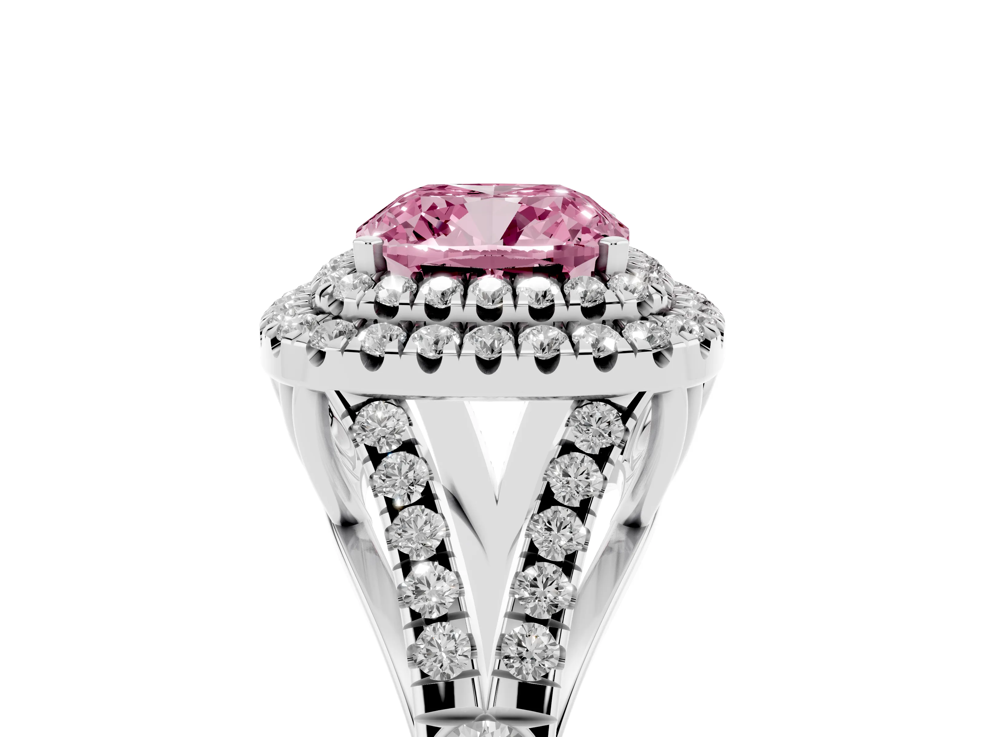 Fancy Pink Cushion Cut Diamond Pavé Split Shank Double Halo Engagement Ring Set in White gold