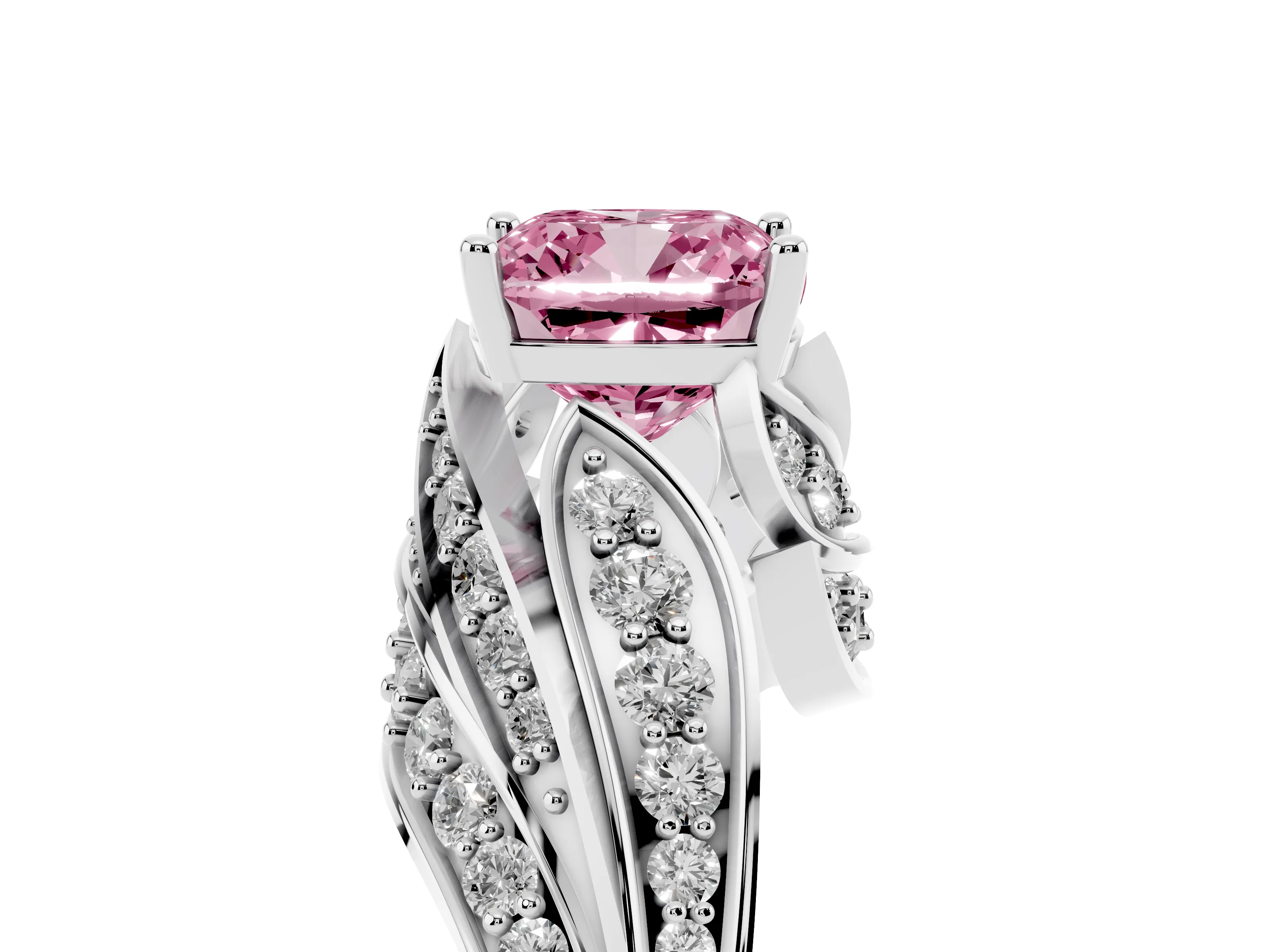 Fancy Pink Cushion Cut Diamond Solitaire Ring Set in White gold with Layered Twist Pavé Band