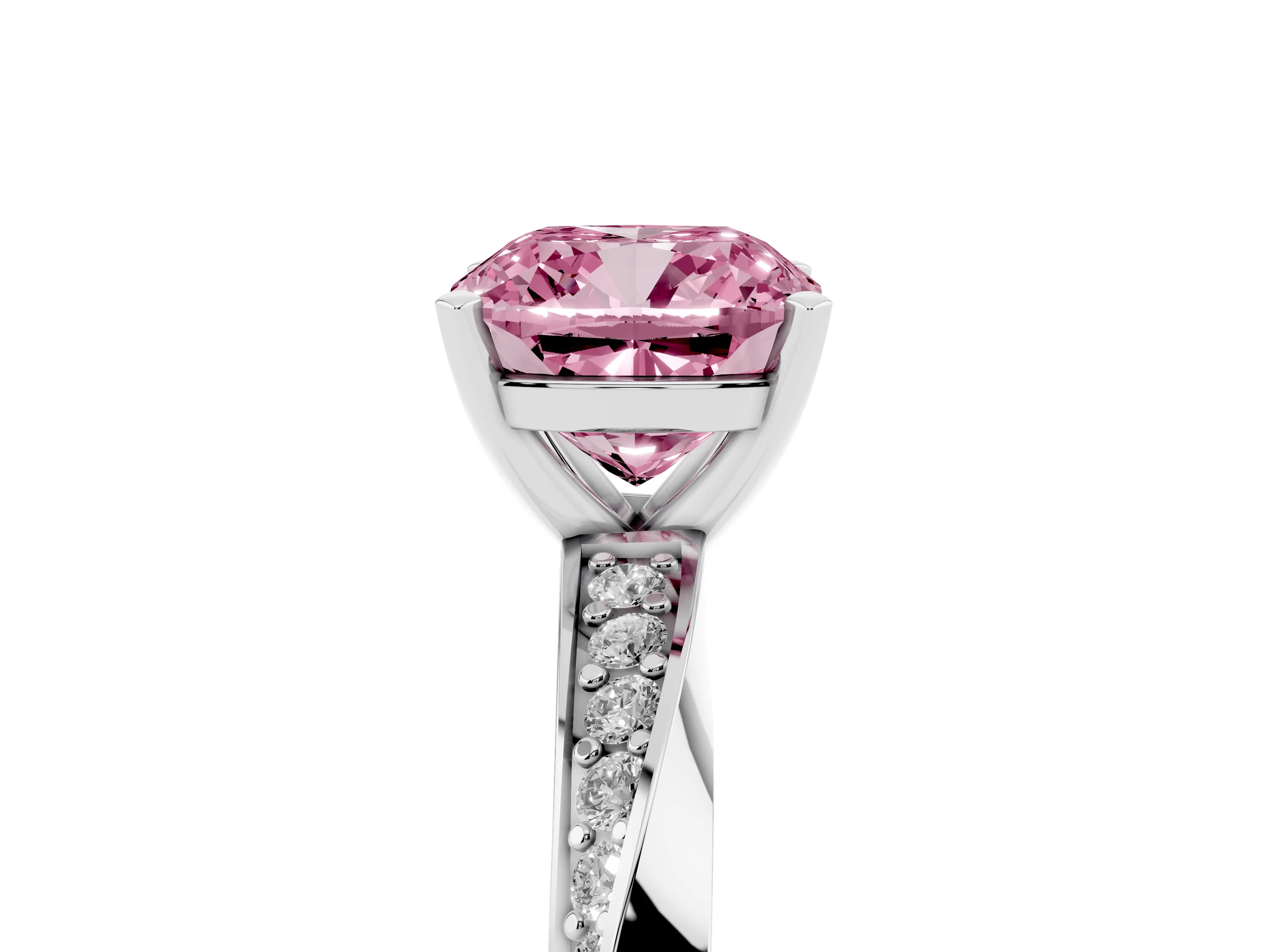 Fancy Pink Cushion Cut Diamond Engagement Ring Set in Platinum with Side Stone Accents and Prong Setting