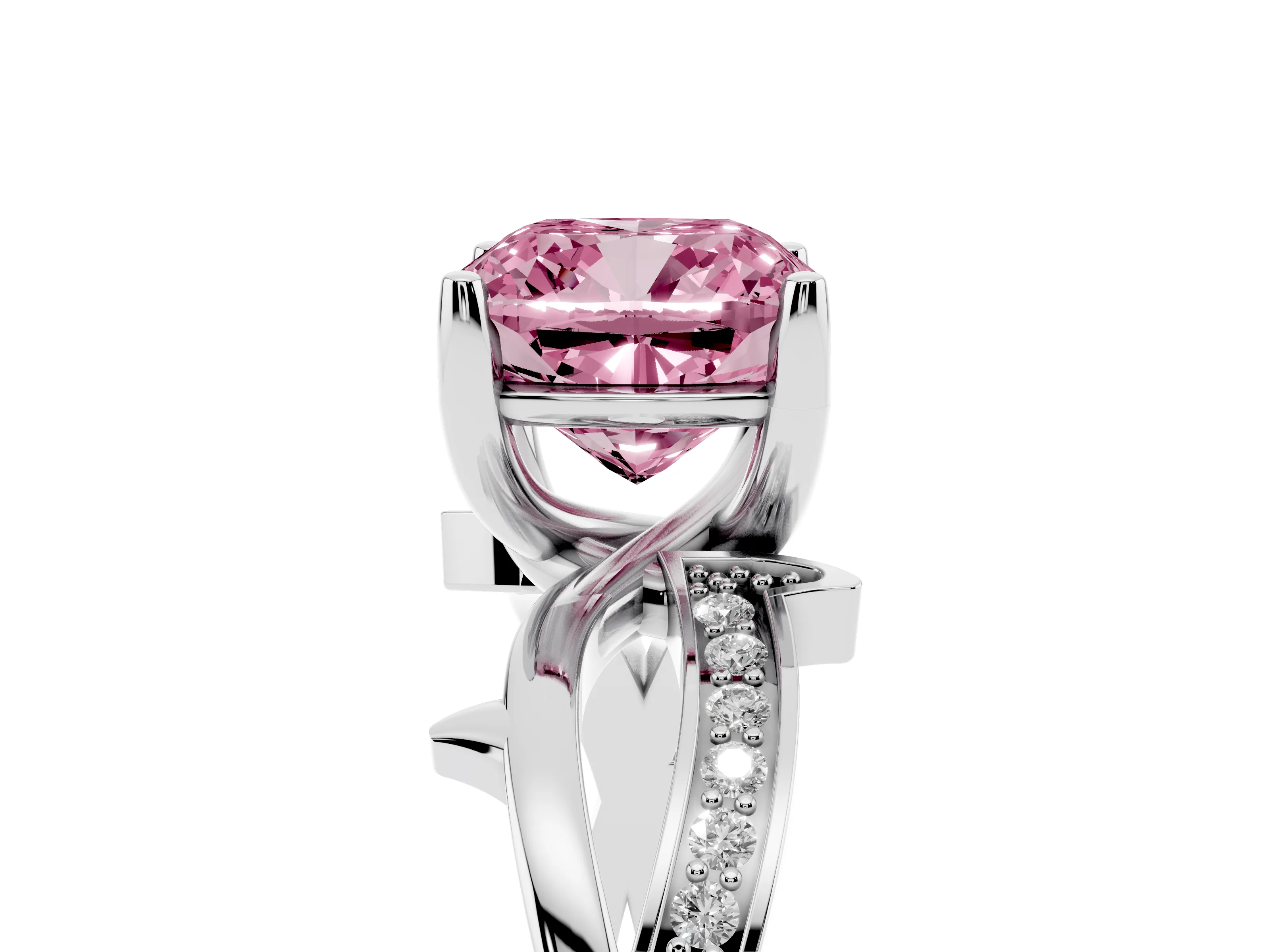 Fancy Pink Cushion Cut Diamond Pavé Twist Band Solitaire Ring Set in Silver with Prong Setting