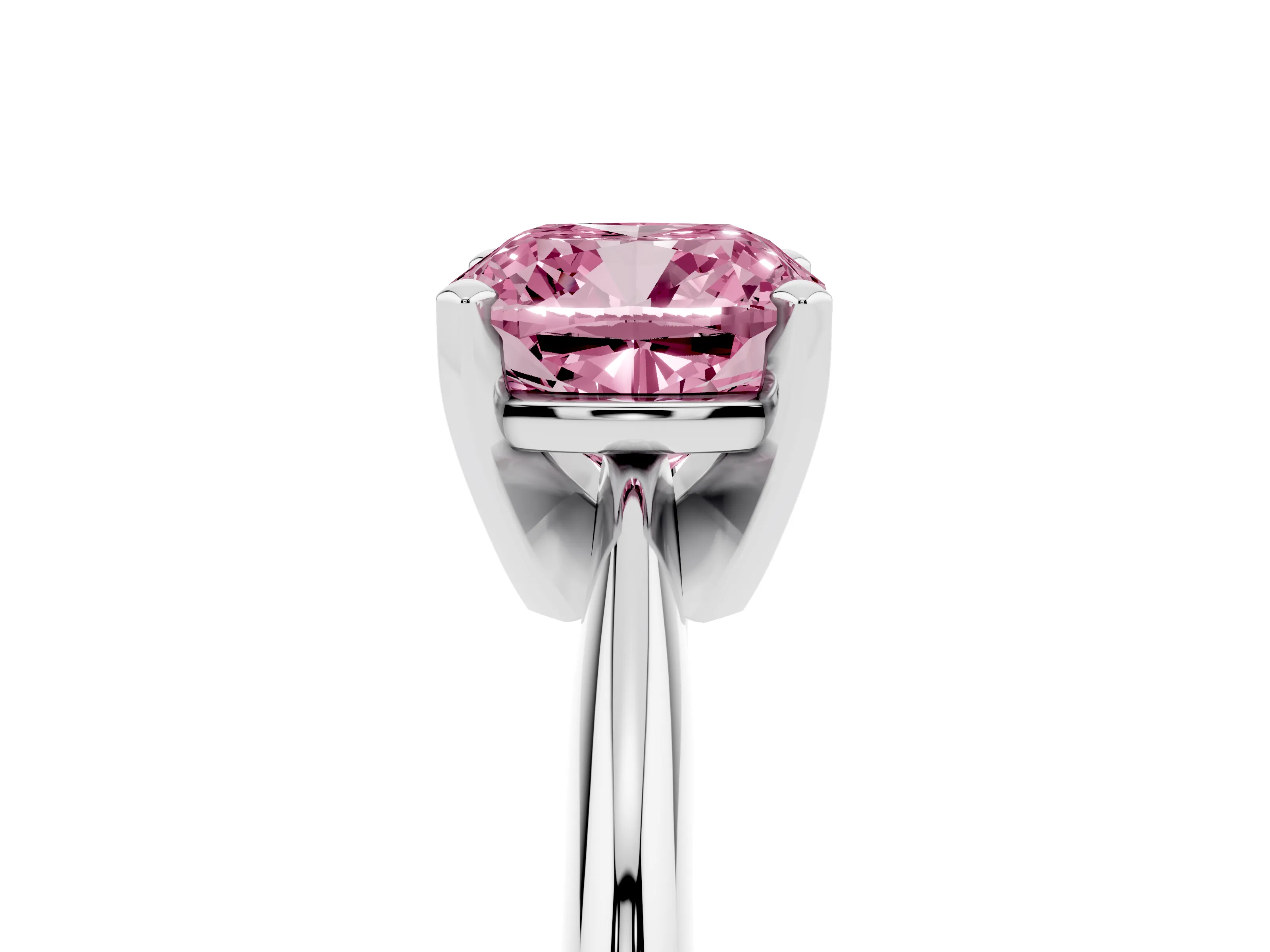 Fancy Pink Cushion Cut Diamond Solitaire Ring Set in Platinum with Prong Setting on a Plain Round Band