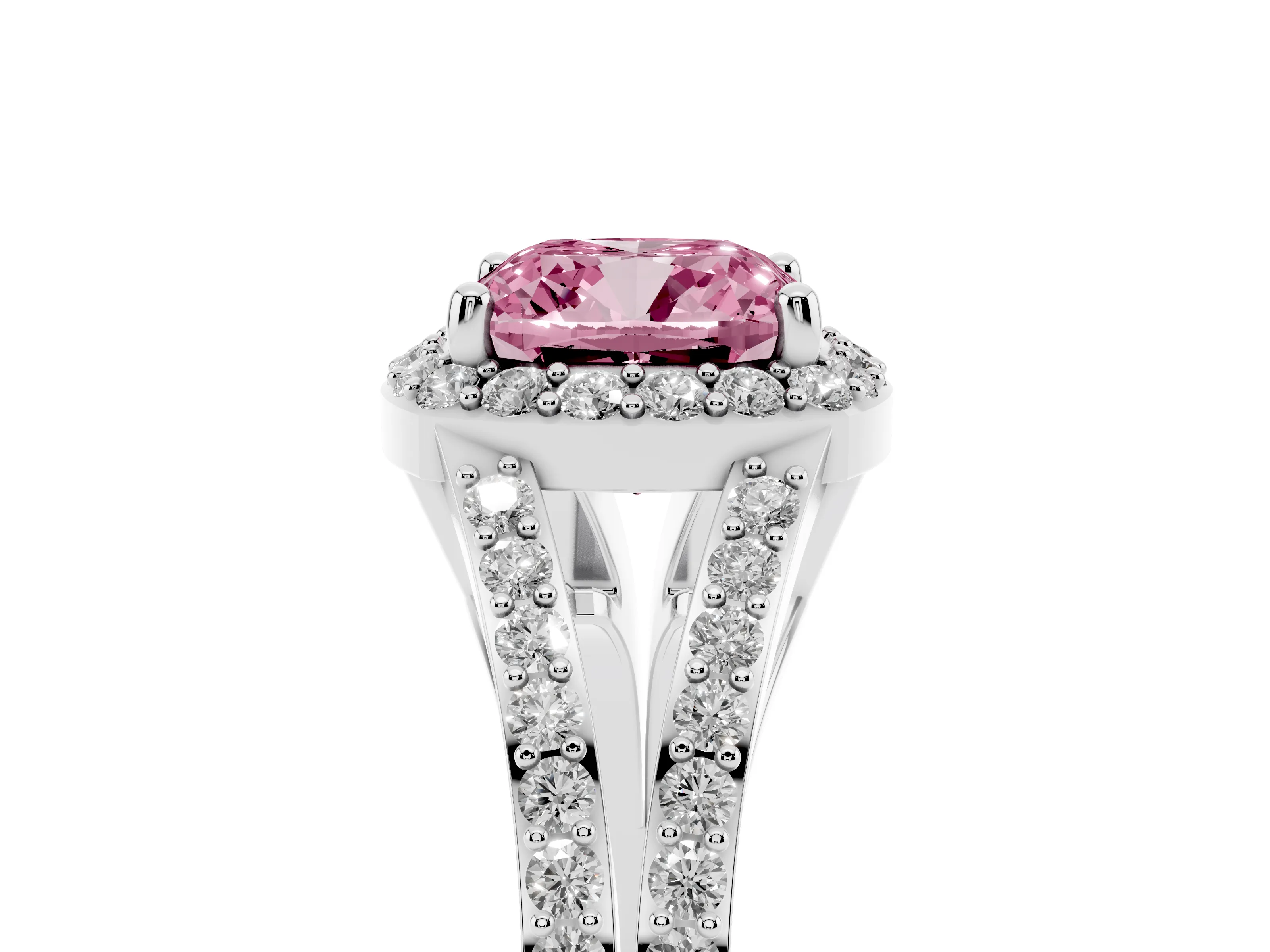 Fancy Pink Cushion Cut Diamond Halo Split Shank Ring Set in White gold with Accent Stones and Prong Setting