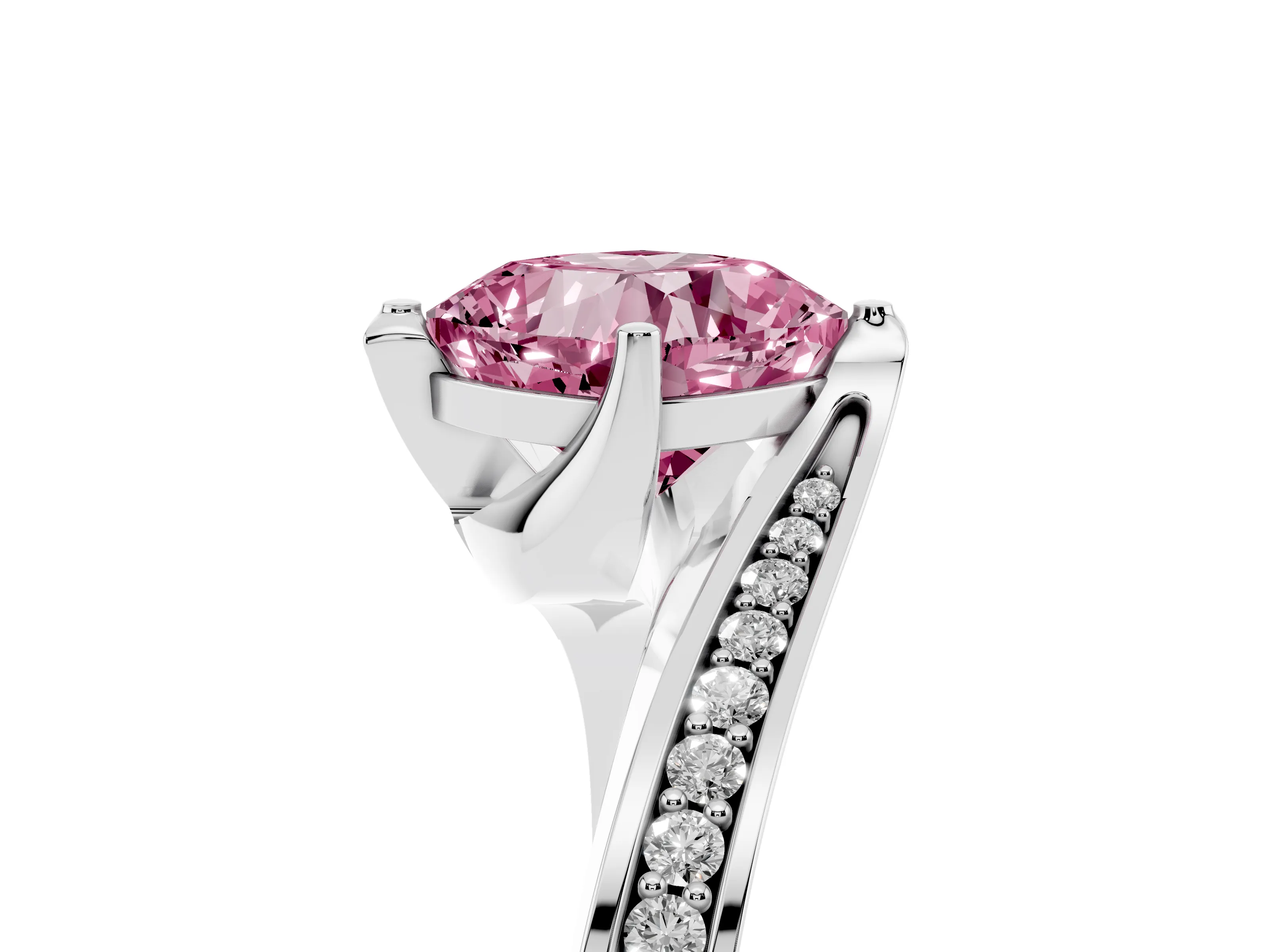 Fancy Pink Cushion Cut Diamond Solitaire Ring Set in Silver with Intertwined Pavé Twist Band