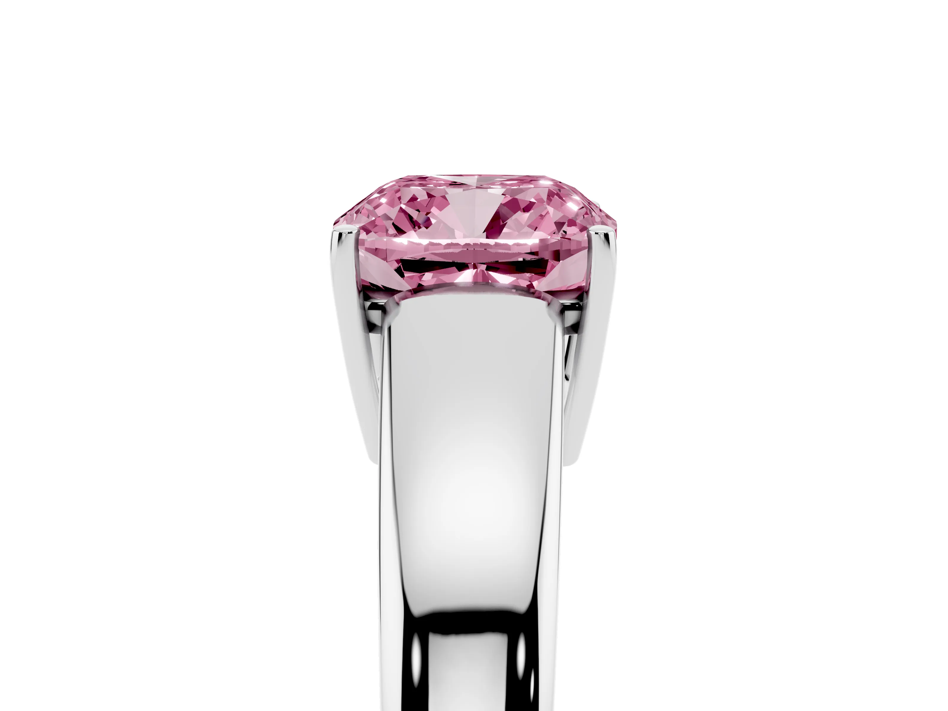 Fancy Pink Cushion Cut Diamond Solitaire Ring Set in White gold with Tapered Band and Prong Setting