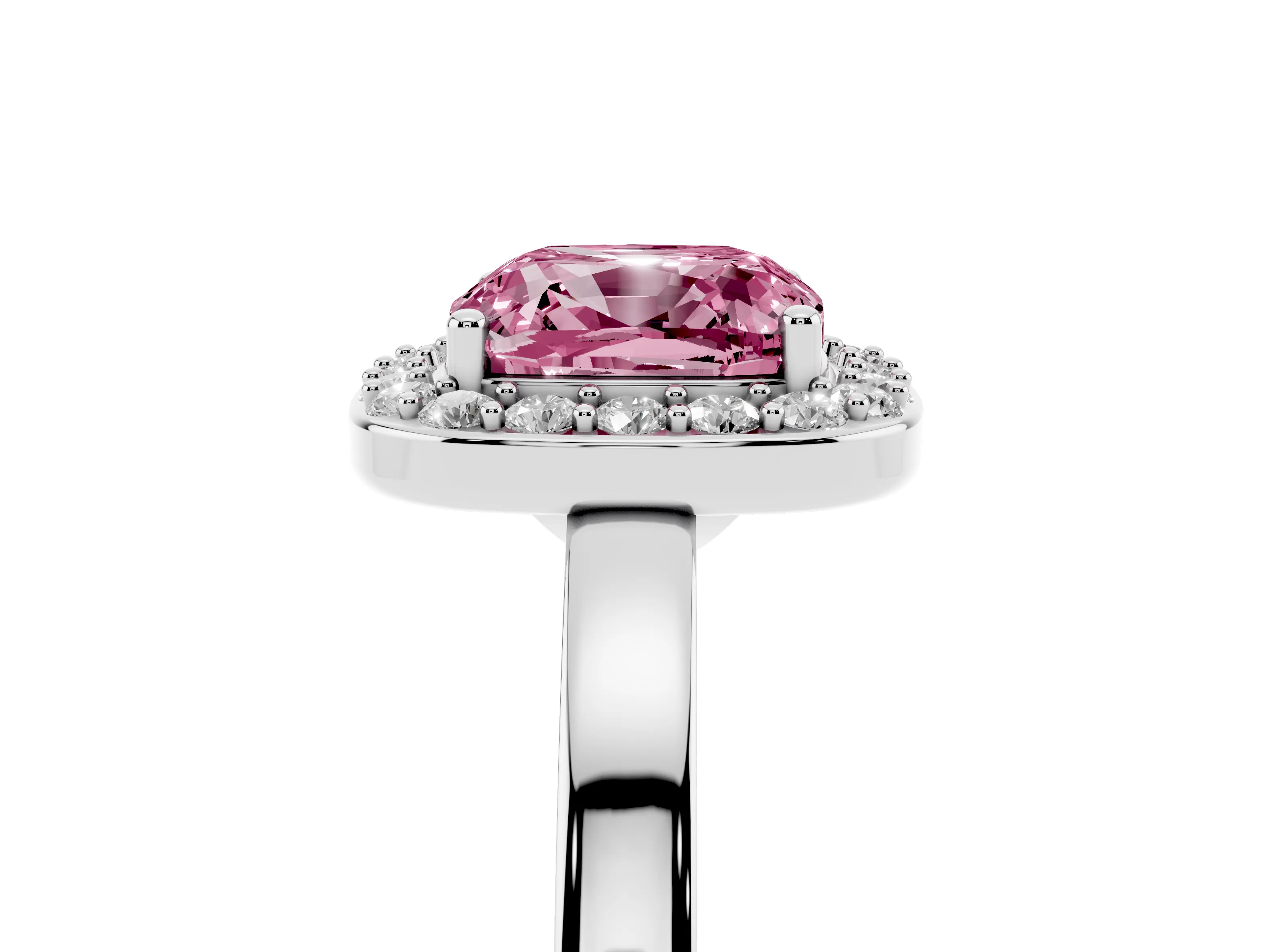 Fancy Pink Cushion Cut Diamond Halo Ring Set in Platinum with Solitaire Band and Prong Setting