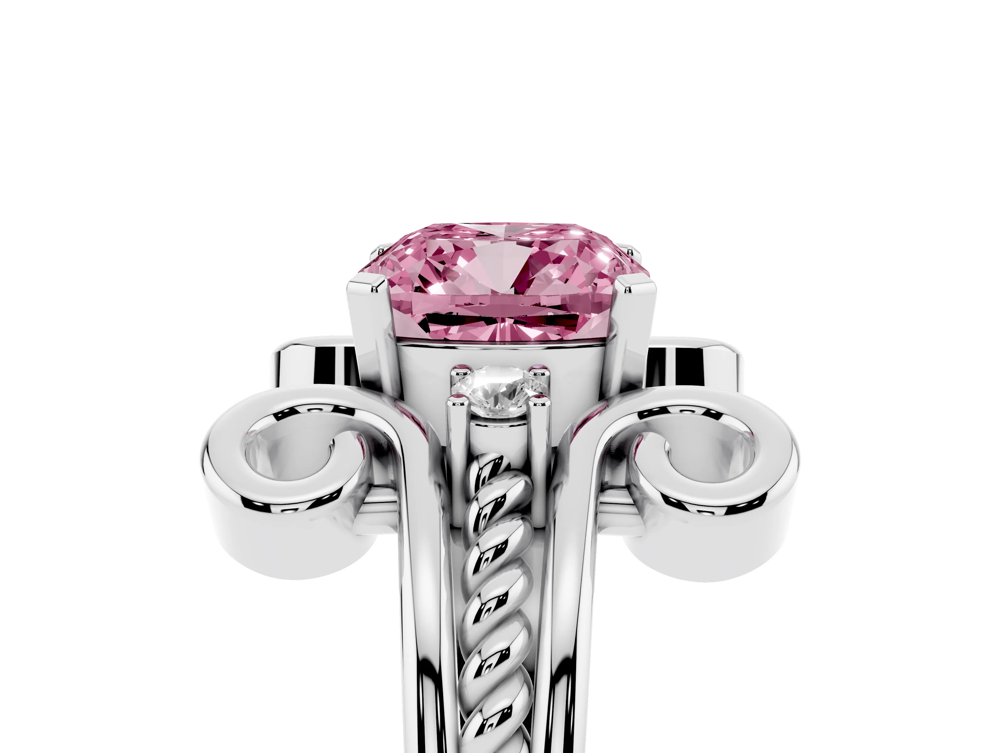 Fancy Pink Cushion Cut Diamond Twisted Band Solitaire Ring Set in White gold with Scroll Prongs