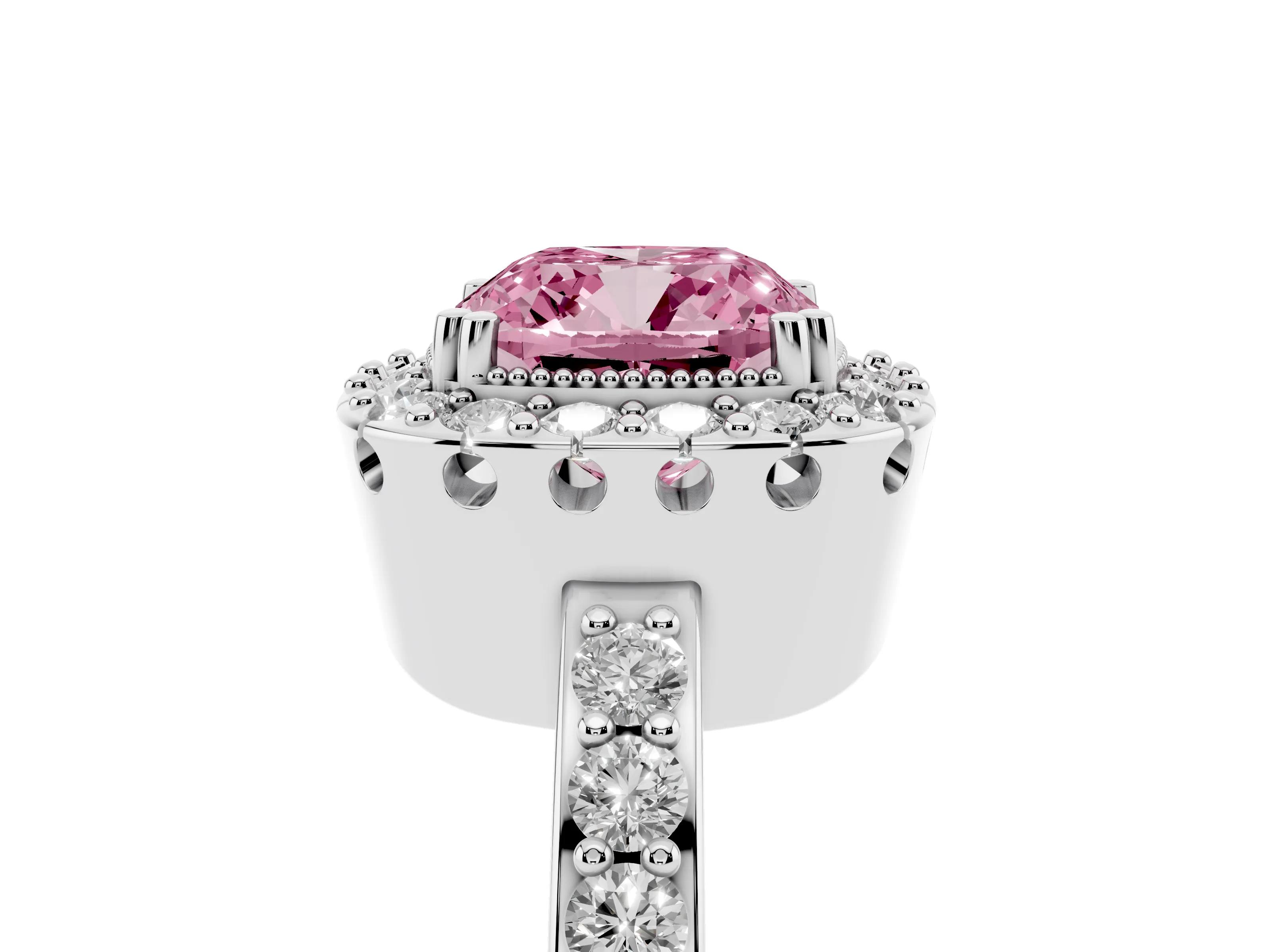 Fancy Pink Cushion Cut Diamond Halo Ring Set in White gold with Pavé Shank and Prong Setting
