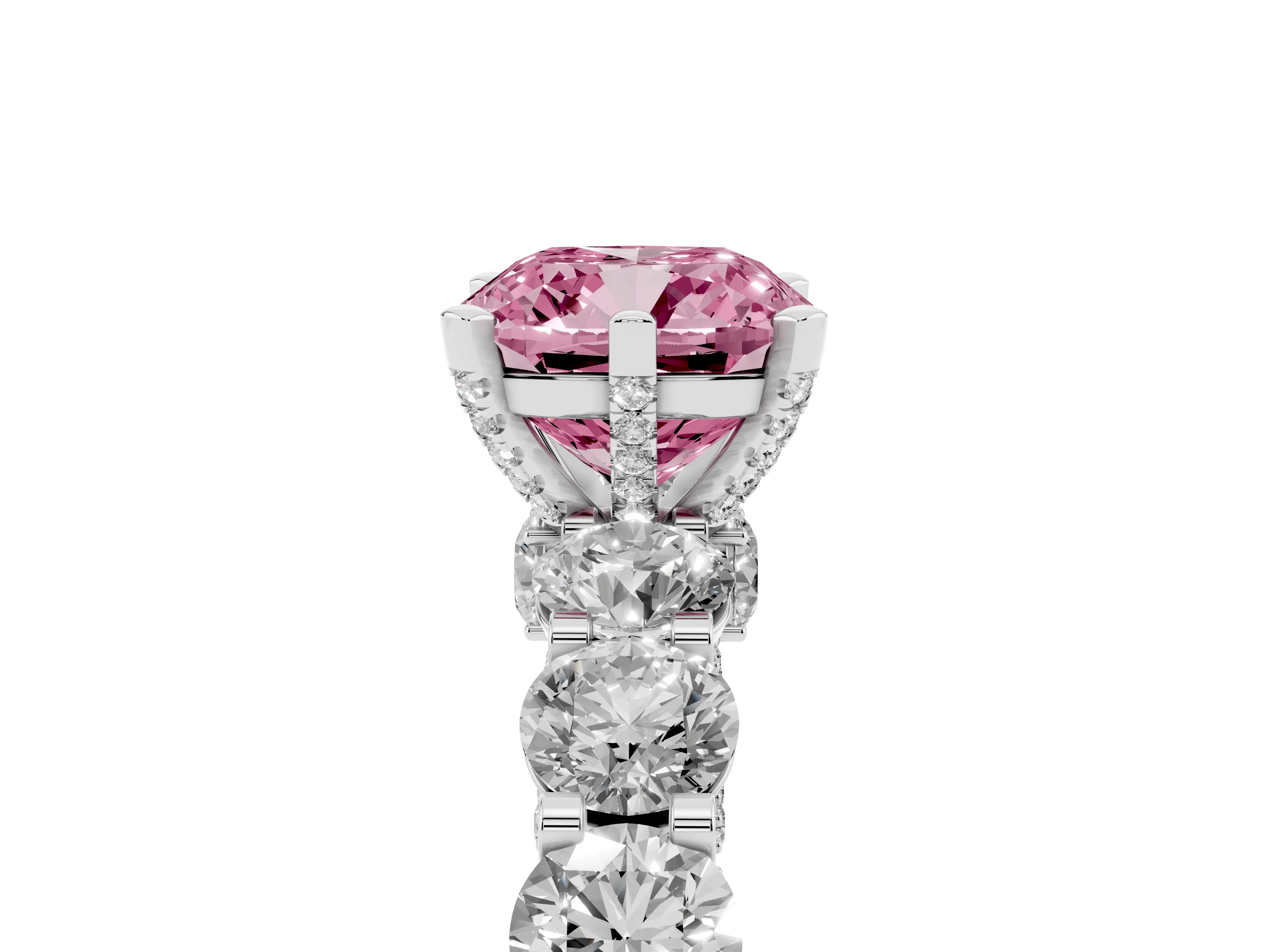 Fancy Pink Cushion Cut Diamond Side Stone Ring Set in Silver with Alternating Round and Oval Side Stones
