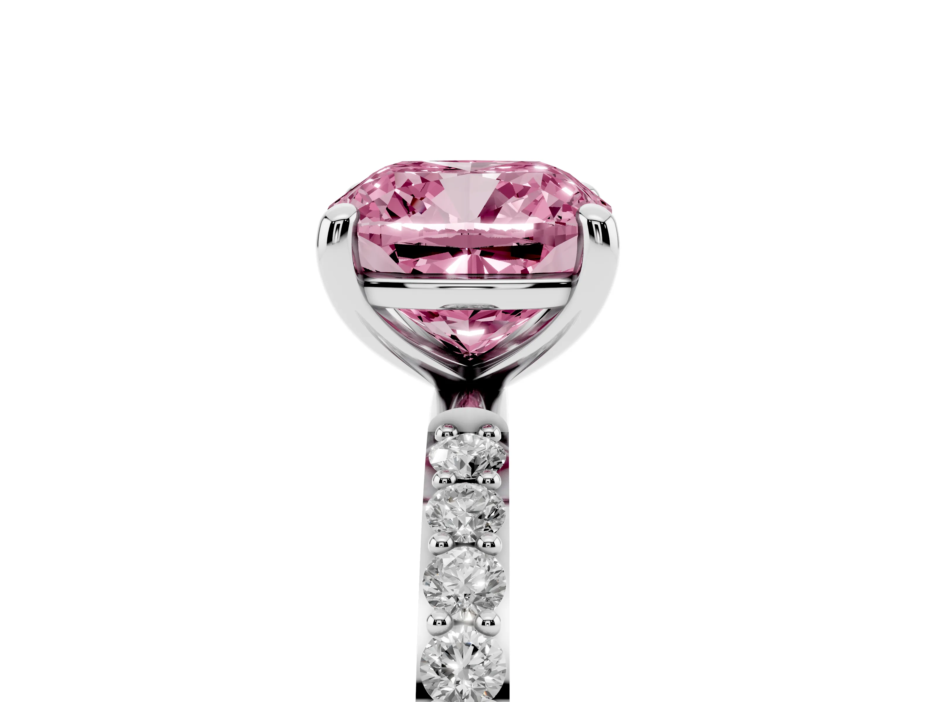 Fancy Pink Cushion Cut Diamond Solitaire Ring Set in Platinum with Round Pavé Band and Prong Setting
