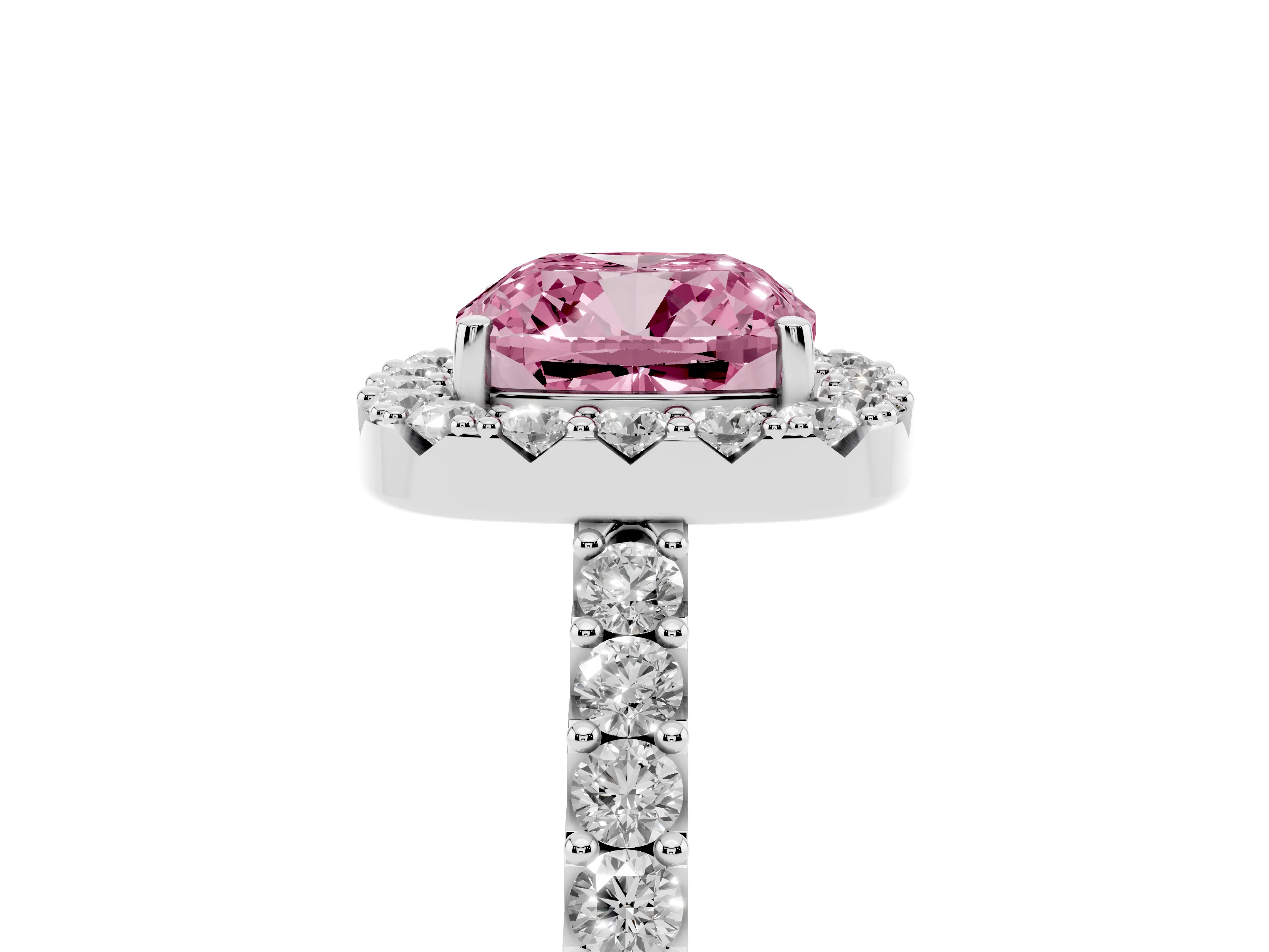 Fancy Pink Cushion Cut Diamond Halo Pavé Solitaire Ring Set in Silver with Prong-Set Center Stone