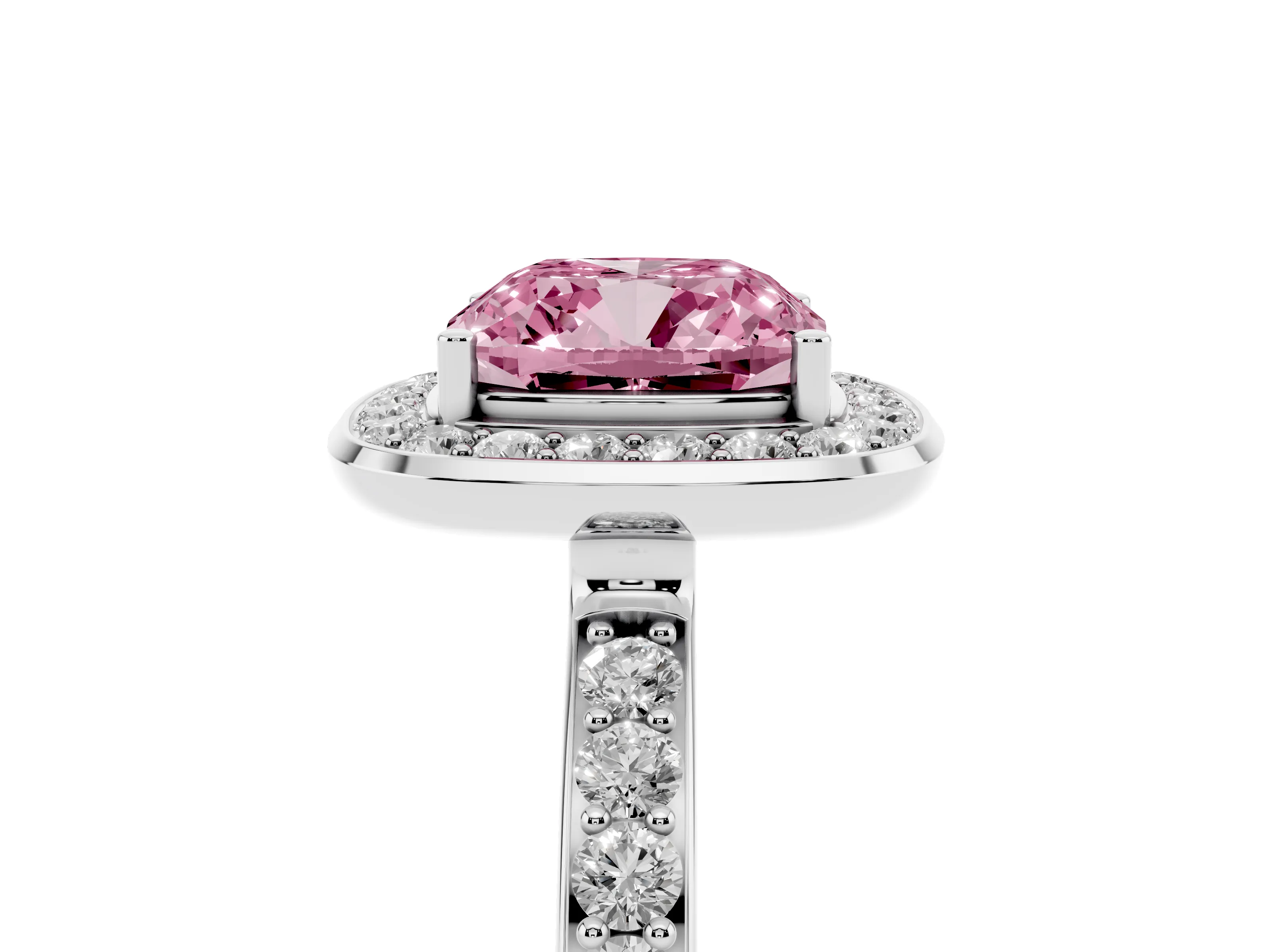 Fancy Pink Cushion Cut Diamond Halo Ring Set in White gold with Bezel Frame and Pavé Band