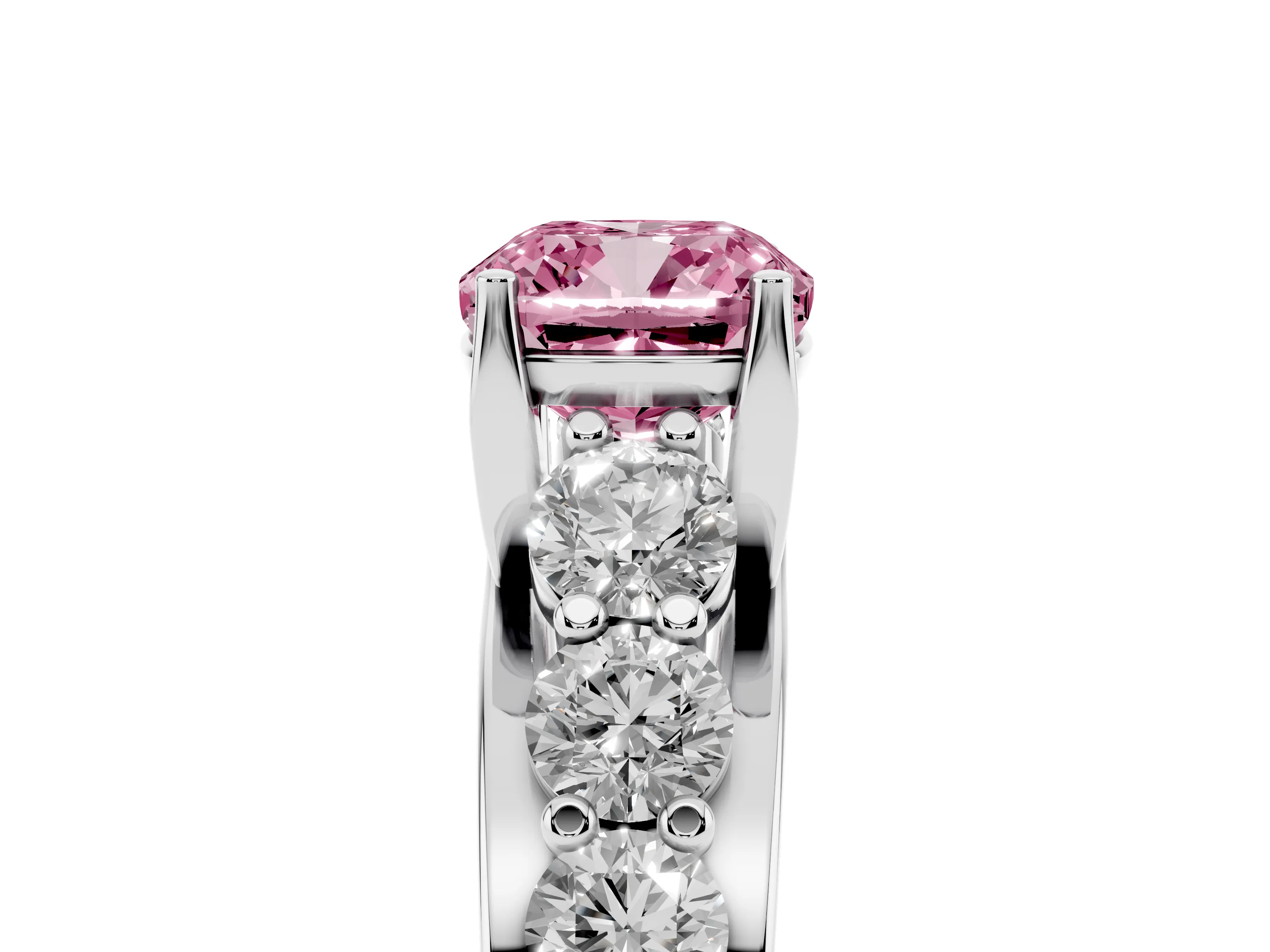 Fancy Pink Cushion Cut Diamond Pavé Engagement Ring Set in Silver with Prong Setting