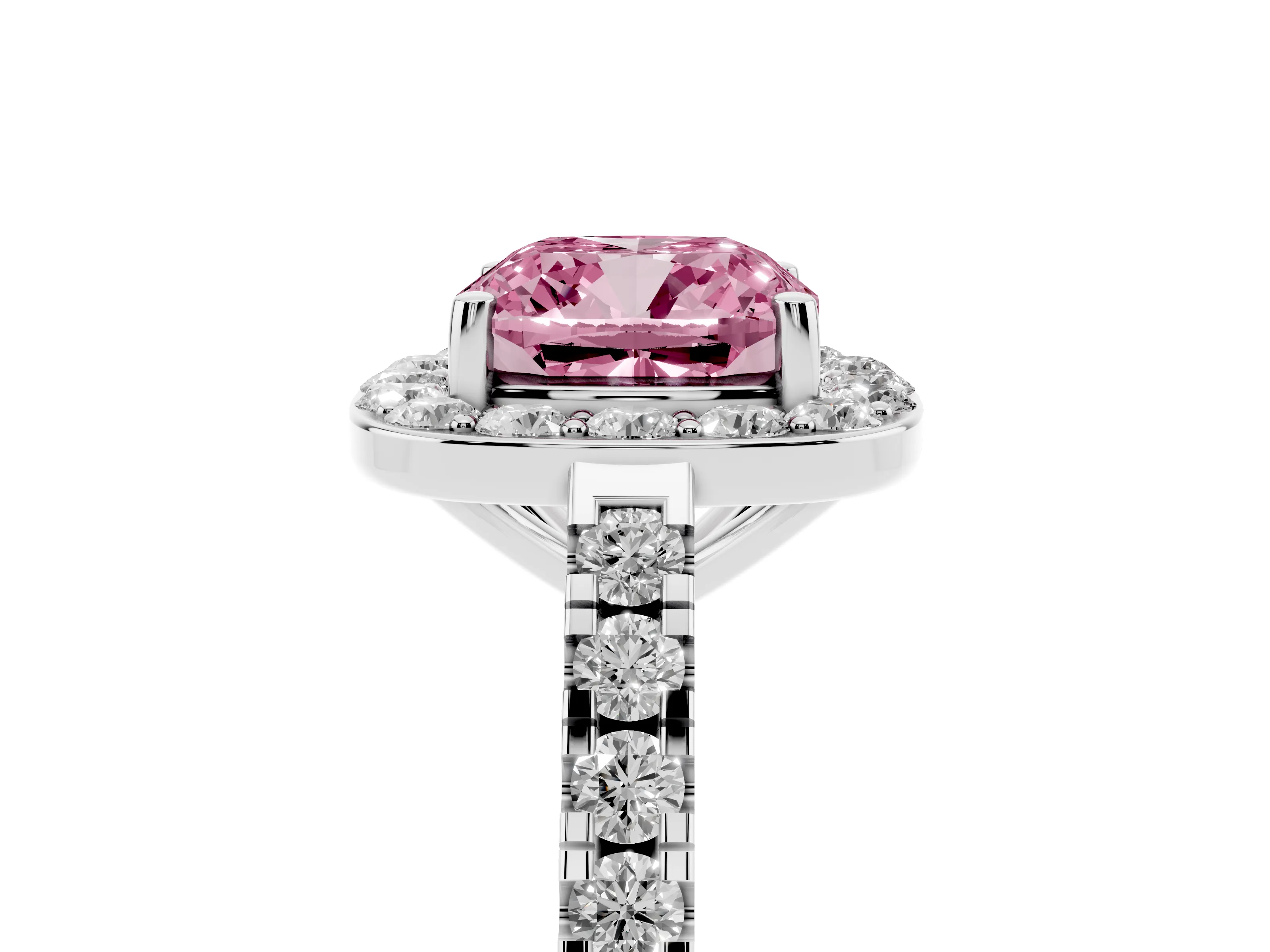 Fancy Pink Cushion Cut Diamond Halo Ring Set in Silver with Round Pavé Split Shank and Prong Setting