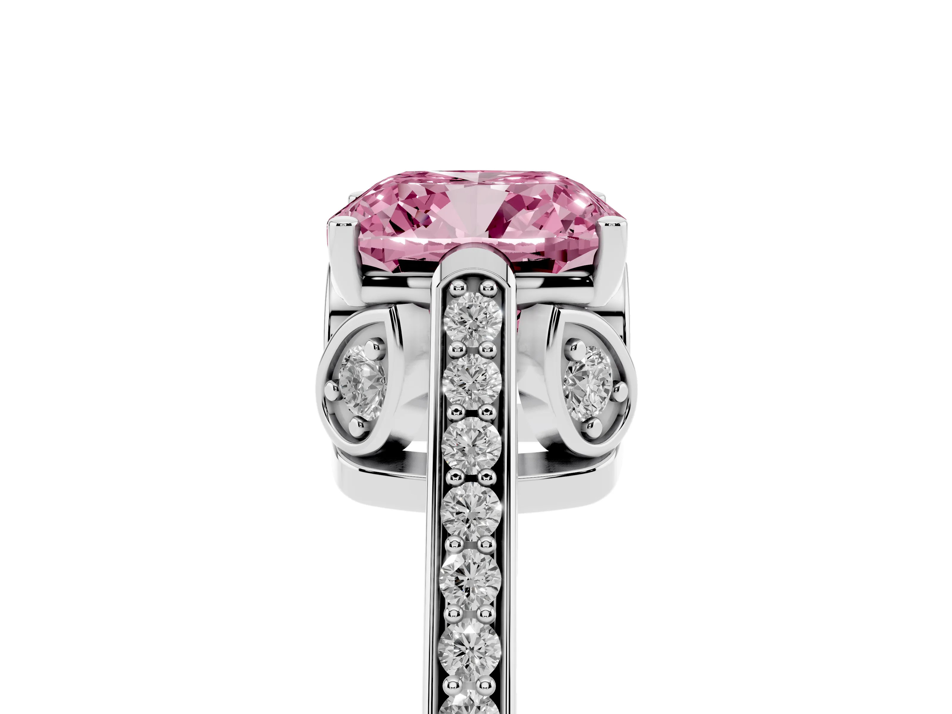 Fancy Pink Cushion Cut Diamond Cathedral Pavé Engagement Ring Set in Platinum with Prong Setting