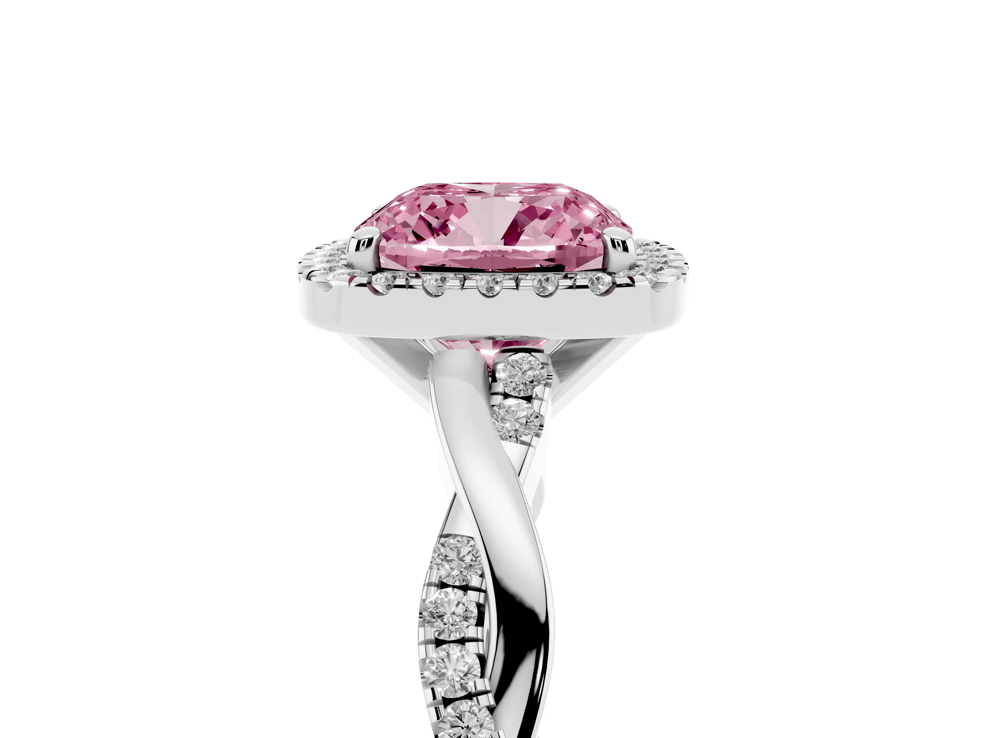 Fancy Pink Cushion Cut Diamond Halo Twisted Band Ring Set in Platinum with Prong Setting