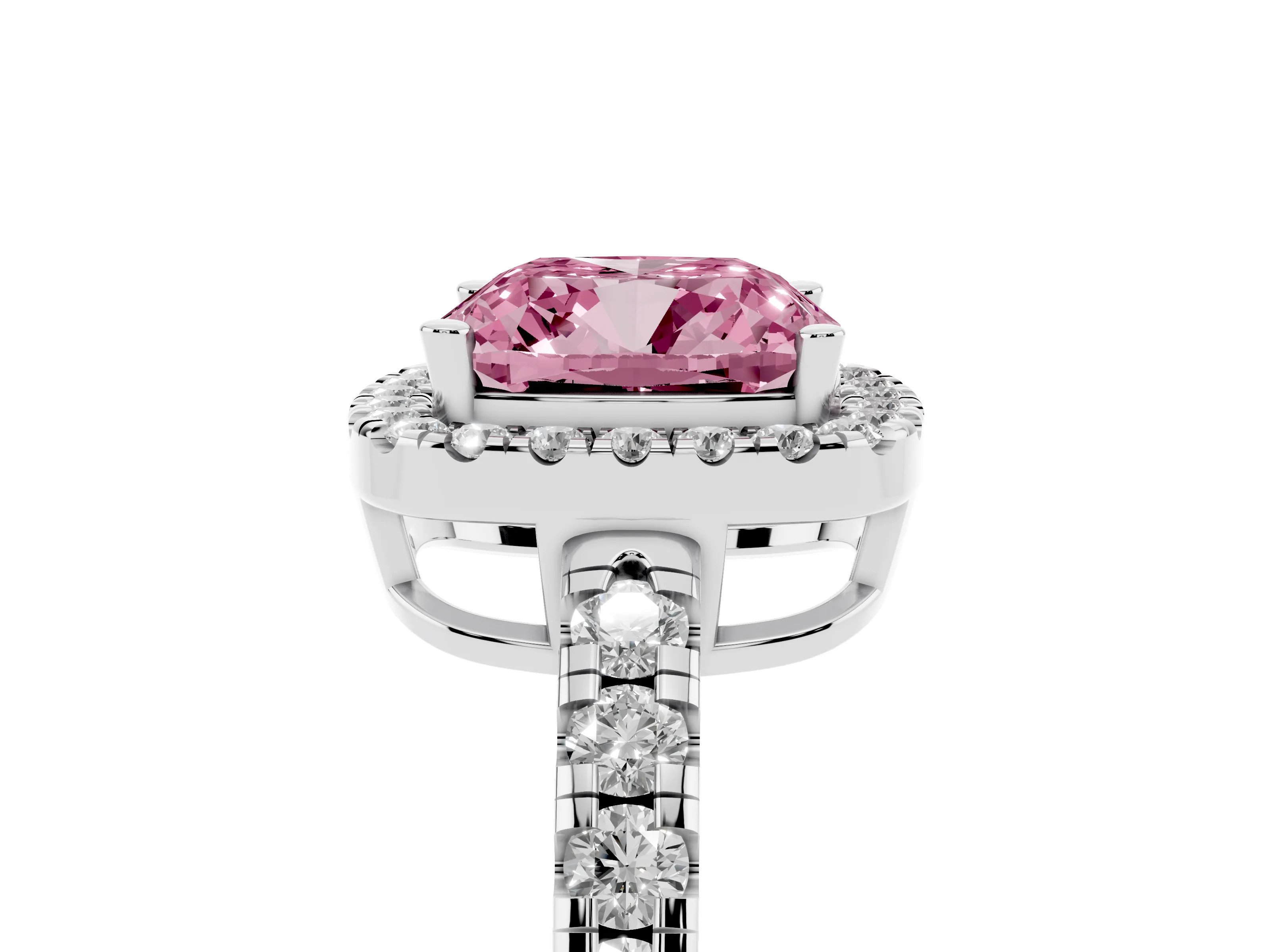 Fancy Pink Cushion Cut Diamond Halo Ring Set in Silver with Delicate Pavé Band and Prong Setting