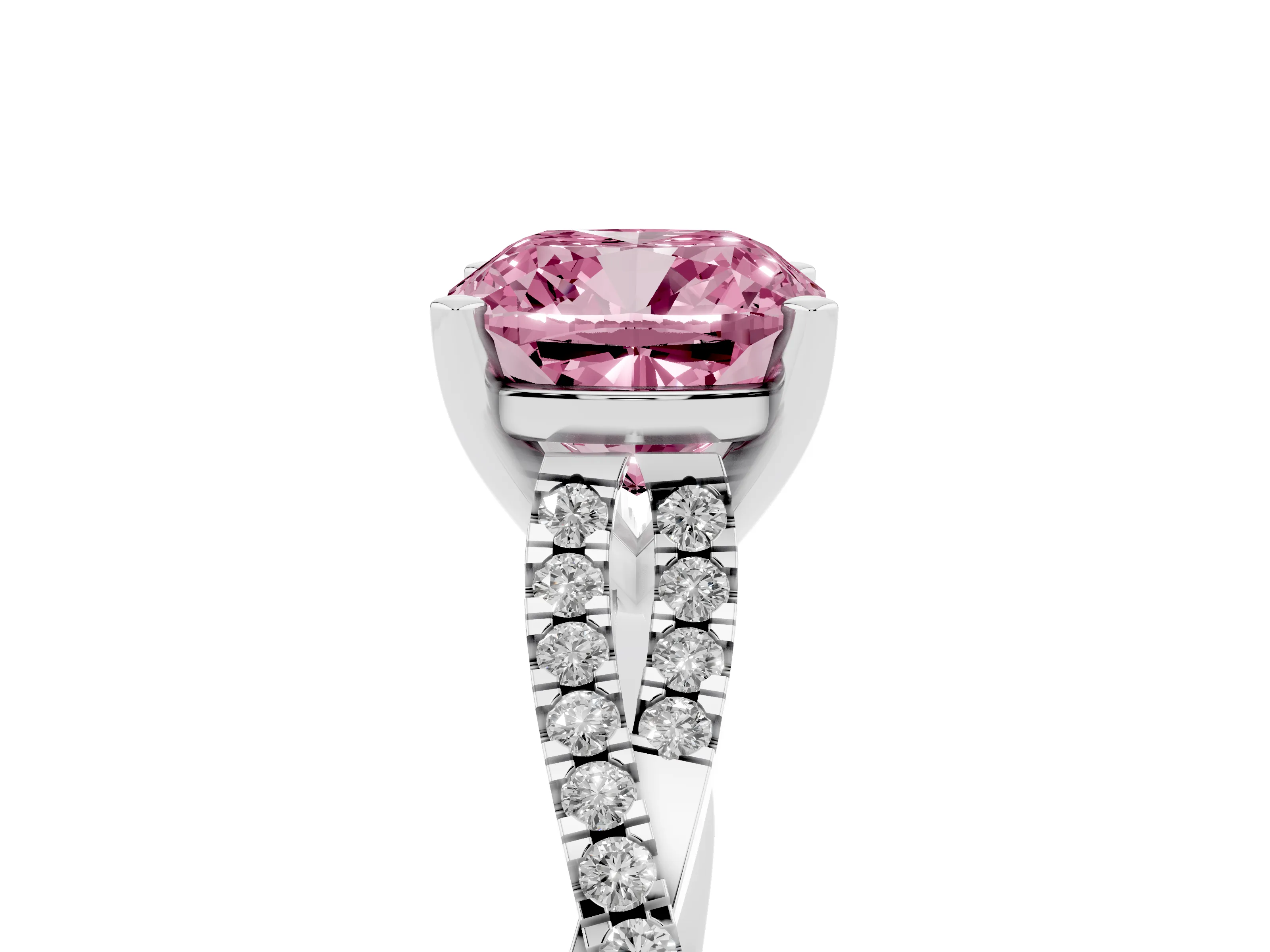 Fancy Pink Cushion Cut Diamond Solitaire Engagement Ring Set in Platinum with Twisted Pavé Band and Prong Setting
