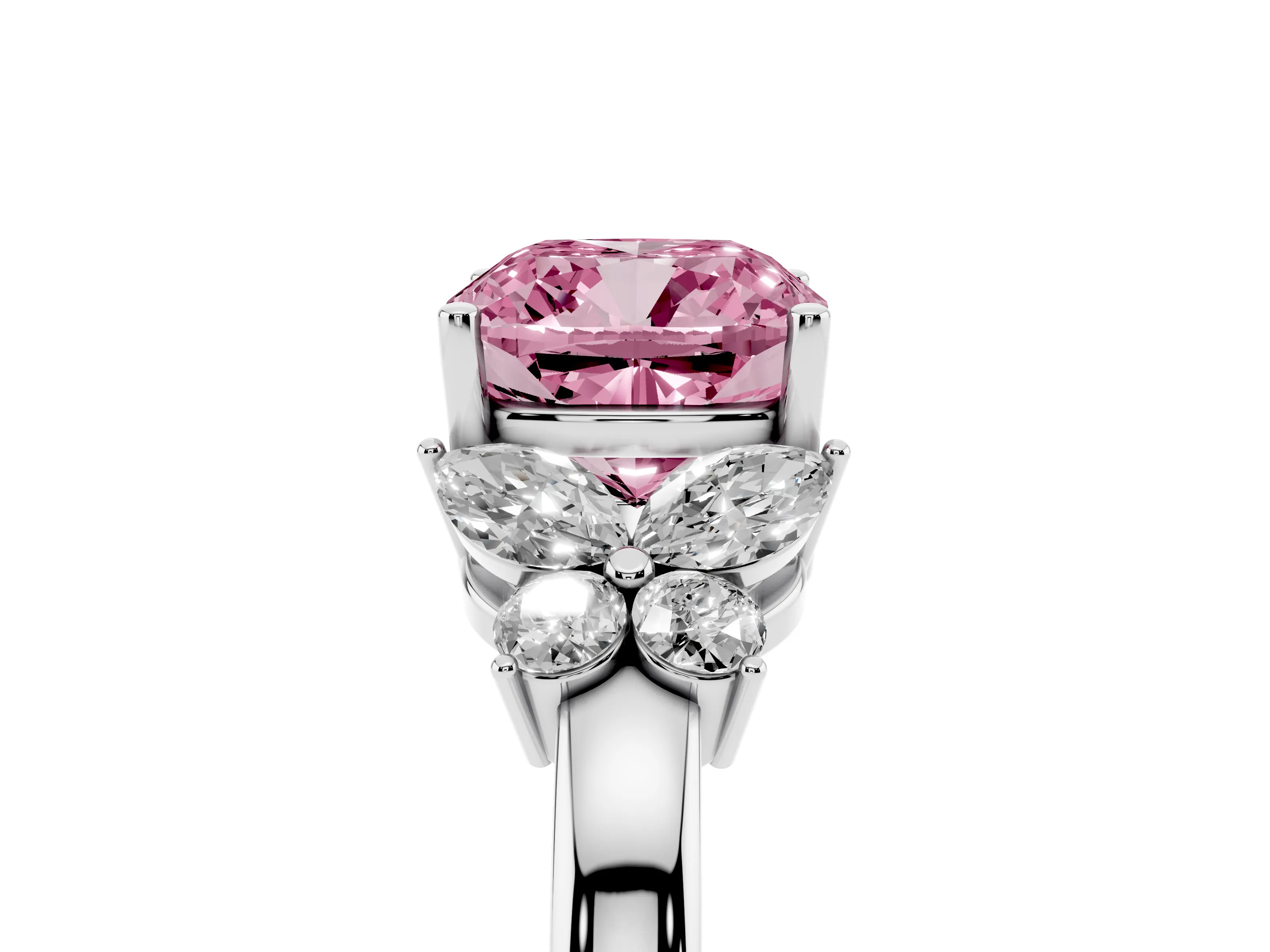 Fancy Pink Cushion Cut Diamond Solitaire Floral Ring Set in White gold with Marquise Petals and Prong Setting