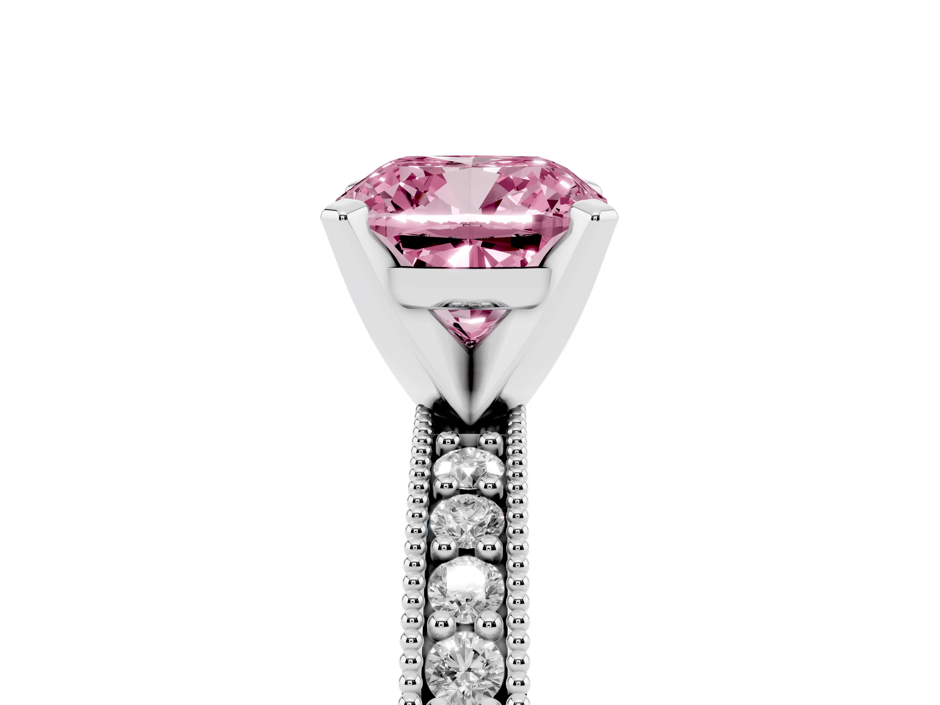 Fancy Pink Cushion Cut Diamond Milgrain Pavé Engagement Ring Set in Platinum with Prong Setting