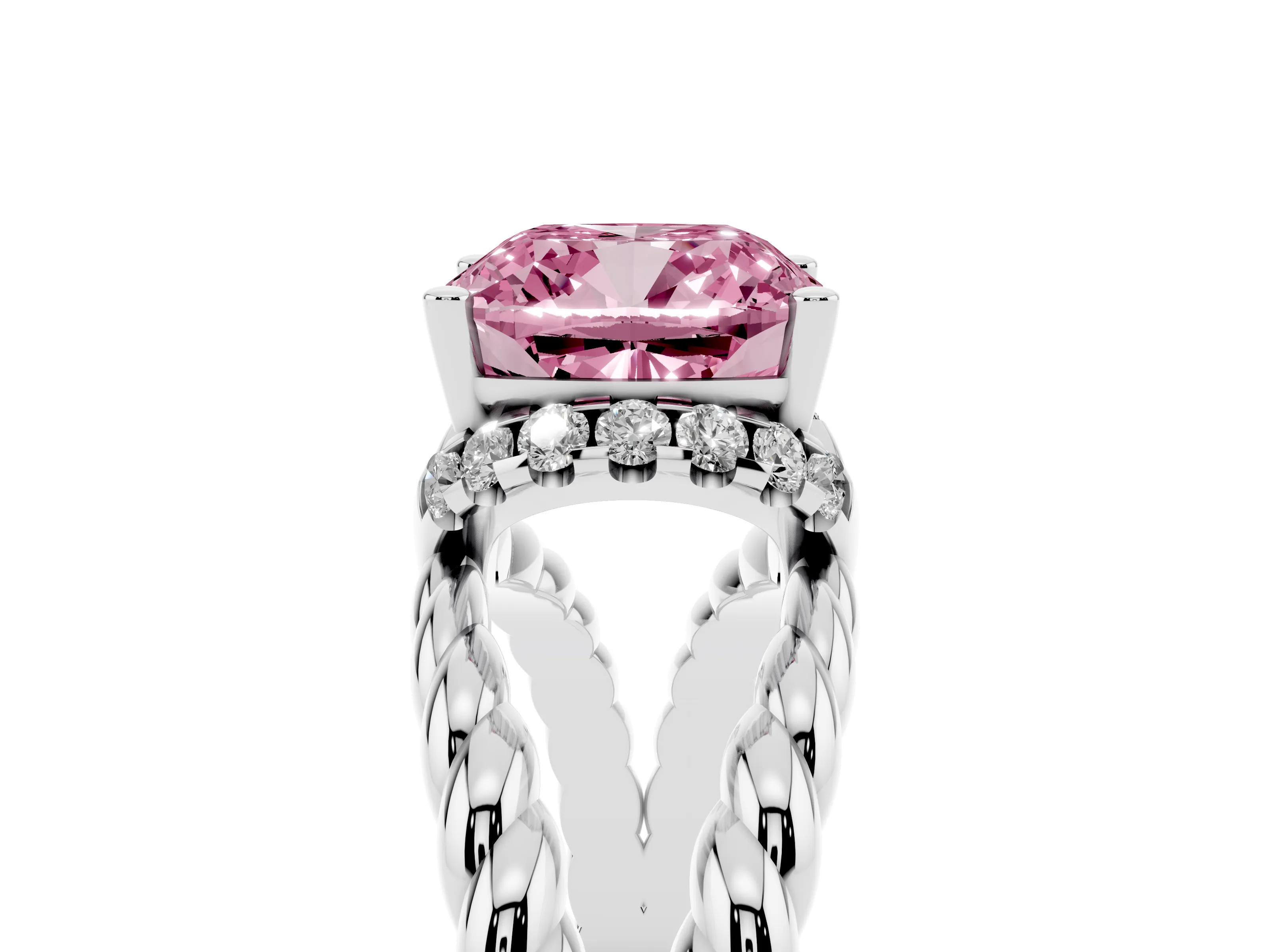 Fancy Pink Cushion Cut Diamond Halo Ring Set in White gold with Twisted Band and Prong Setting