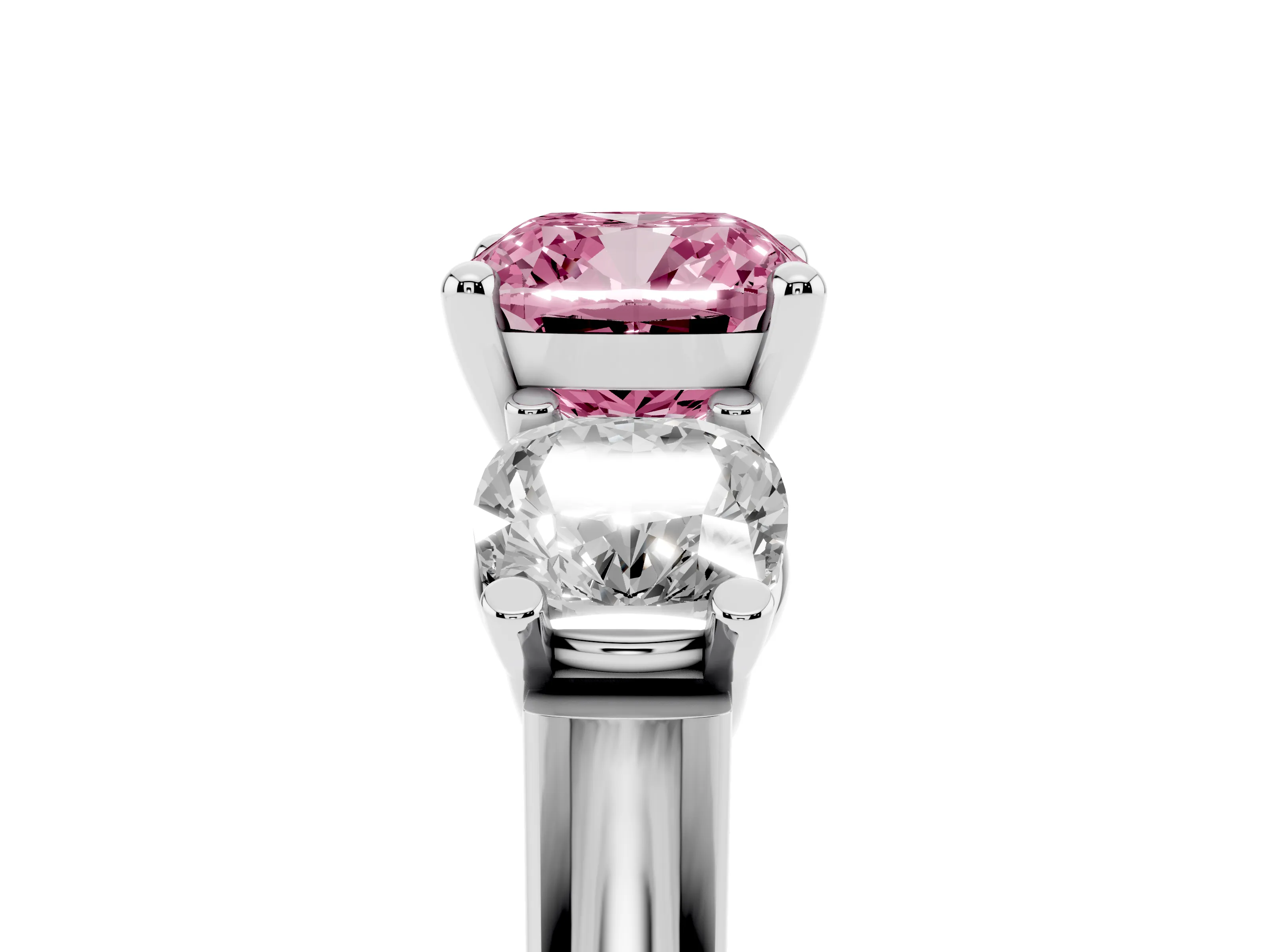 Fancy Pink Cushion Cut Diamond Three-Stone Trellis Ring Set in Platinum with Comfort Fit Band