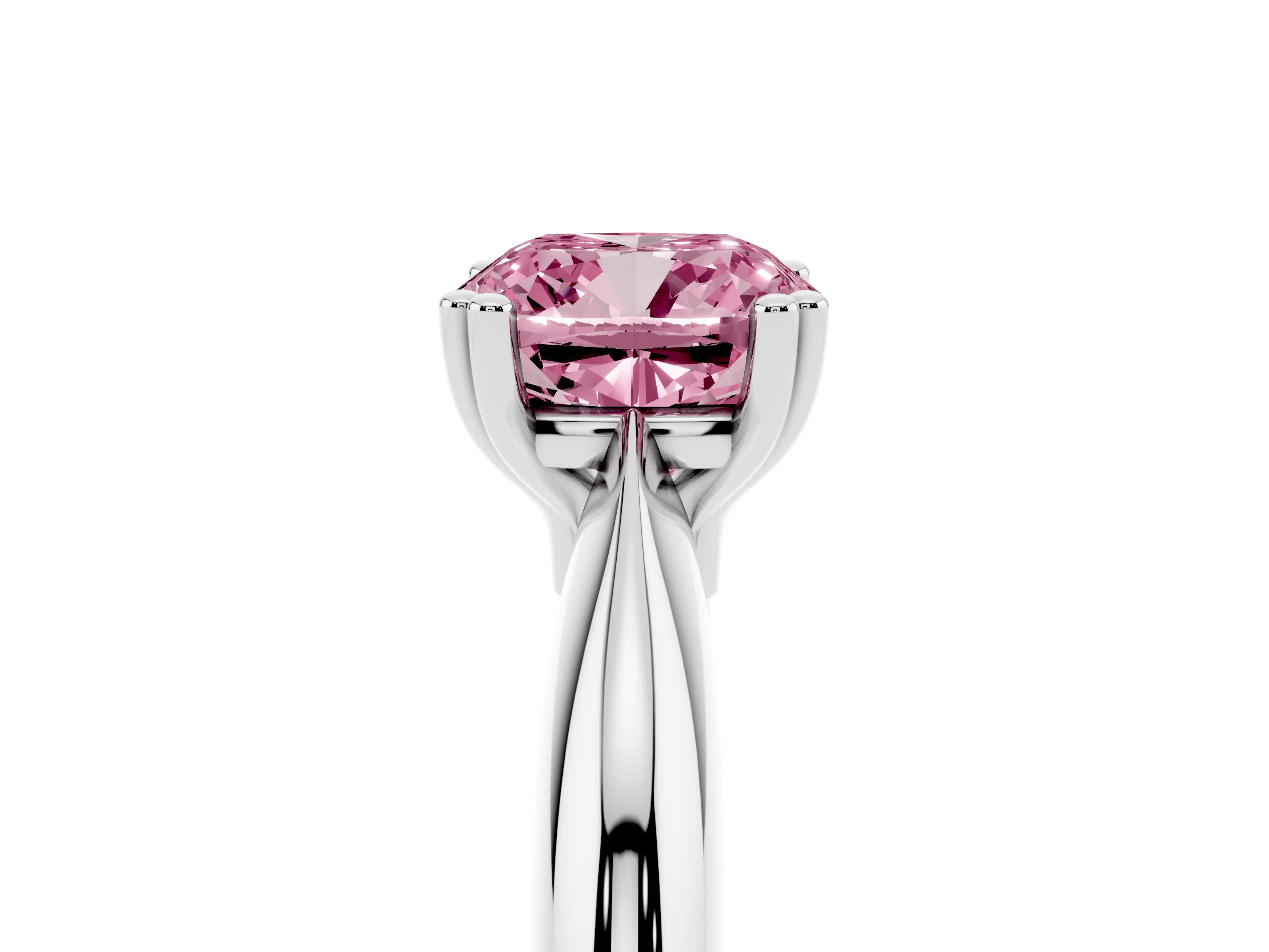 Fancy Pink Cushion Cut Diamond Solitaire Engagement Ring Set in White gold with Tapered Band and Prong Setting