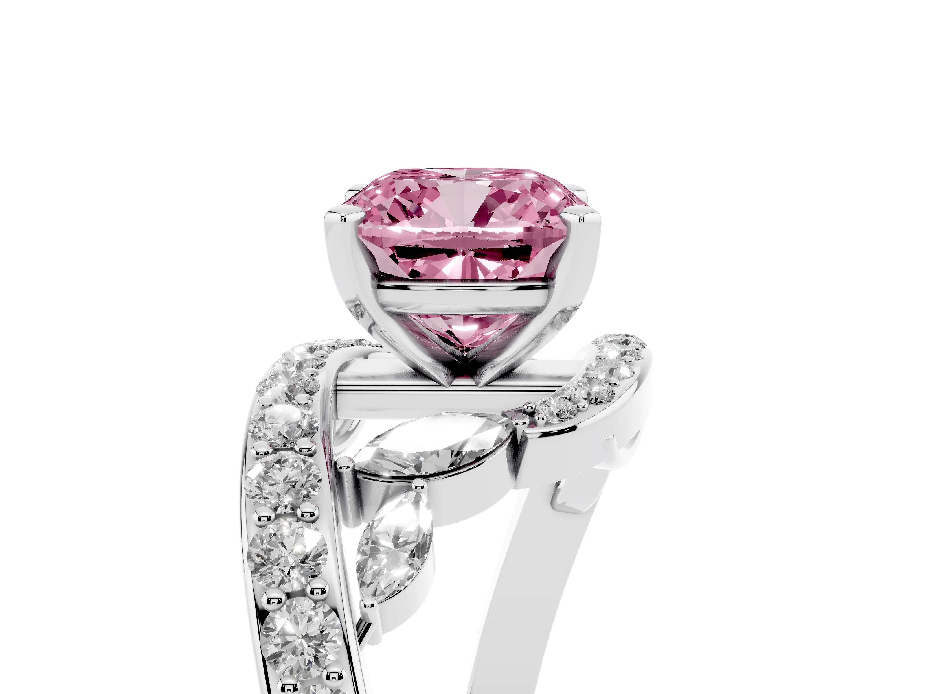 Fancy Pink Cushion Cut Diamond Solitaire Ring Set in Silver with Pavé Twist Band and Secure Prong Setting