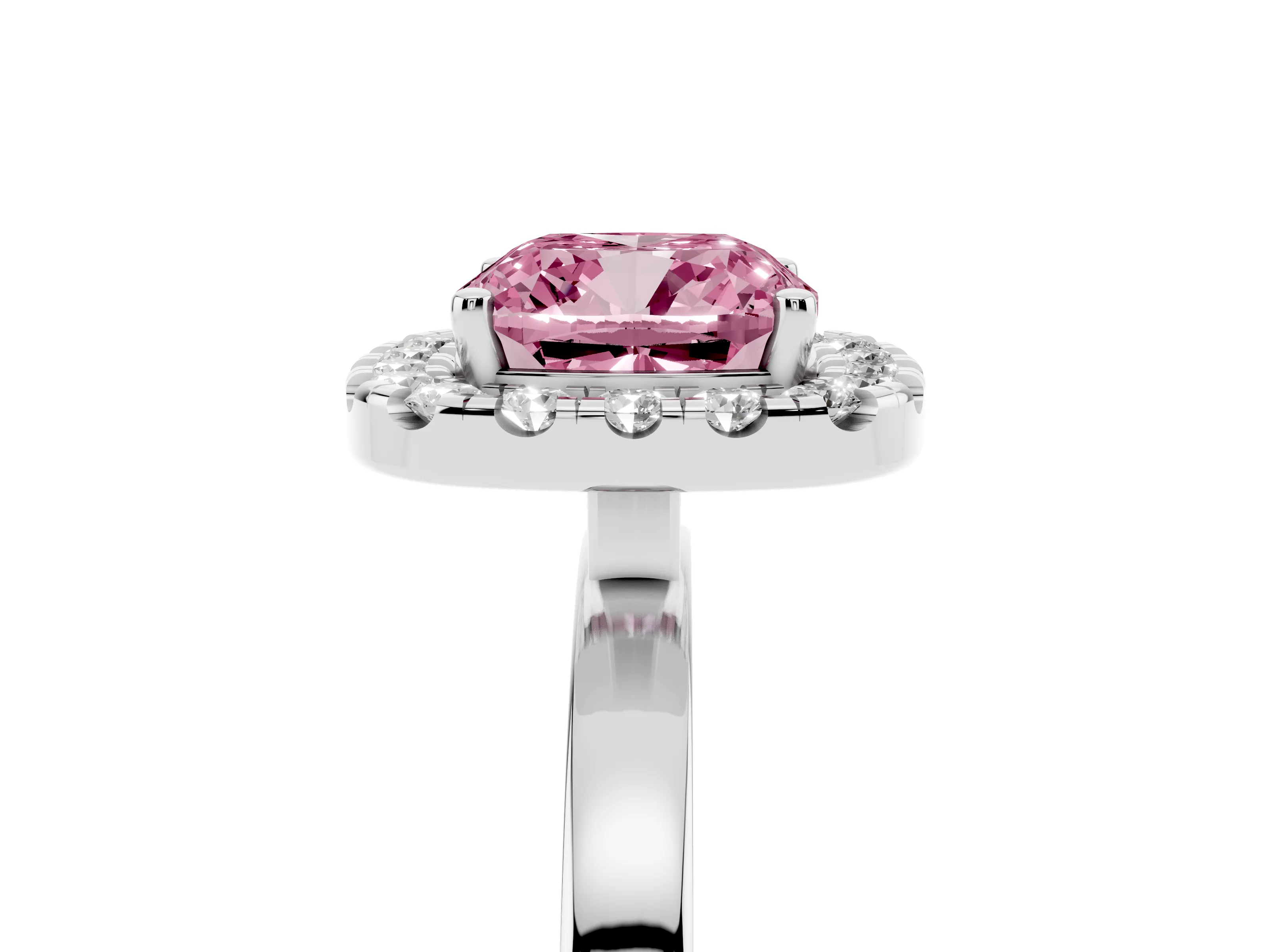 Fancy Pink Cushion Cut Diamond Halo Solitaire Ring Set in Silver with Pavé Band and Prong Setting
