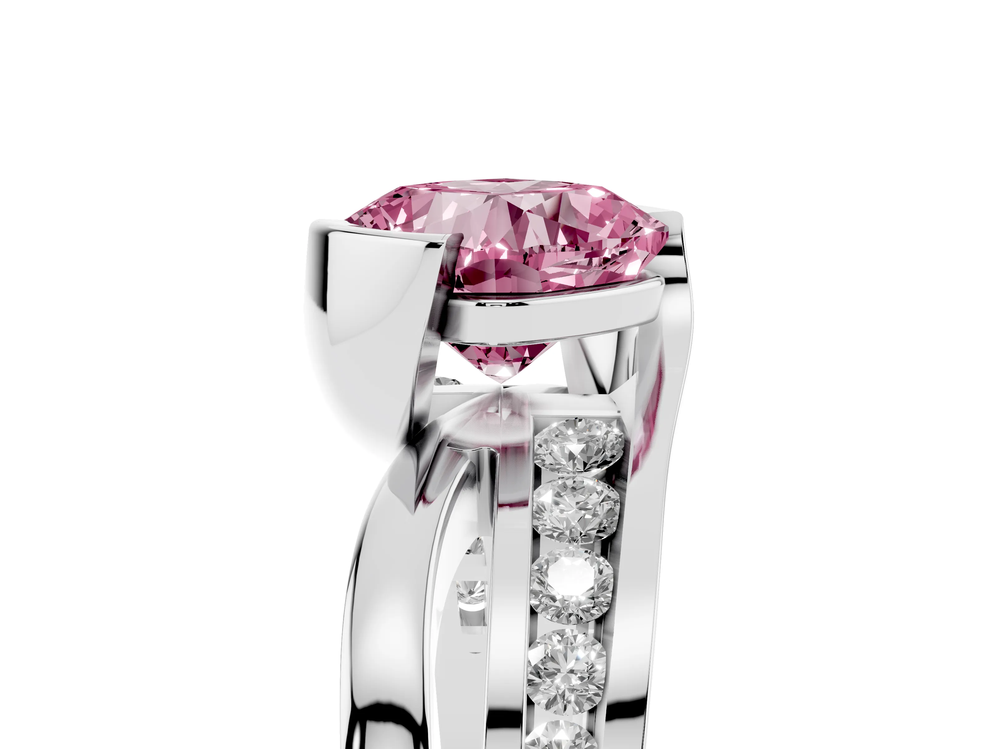 Fancy Pink Cushion Cut Diamond Solitaire Ring Set in White gold with Channel Set Split Shank and Tension Prongs