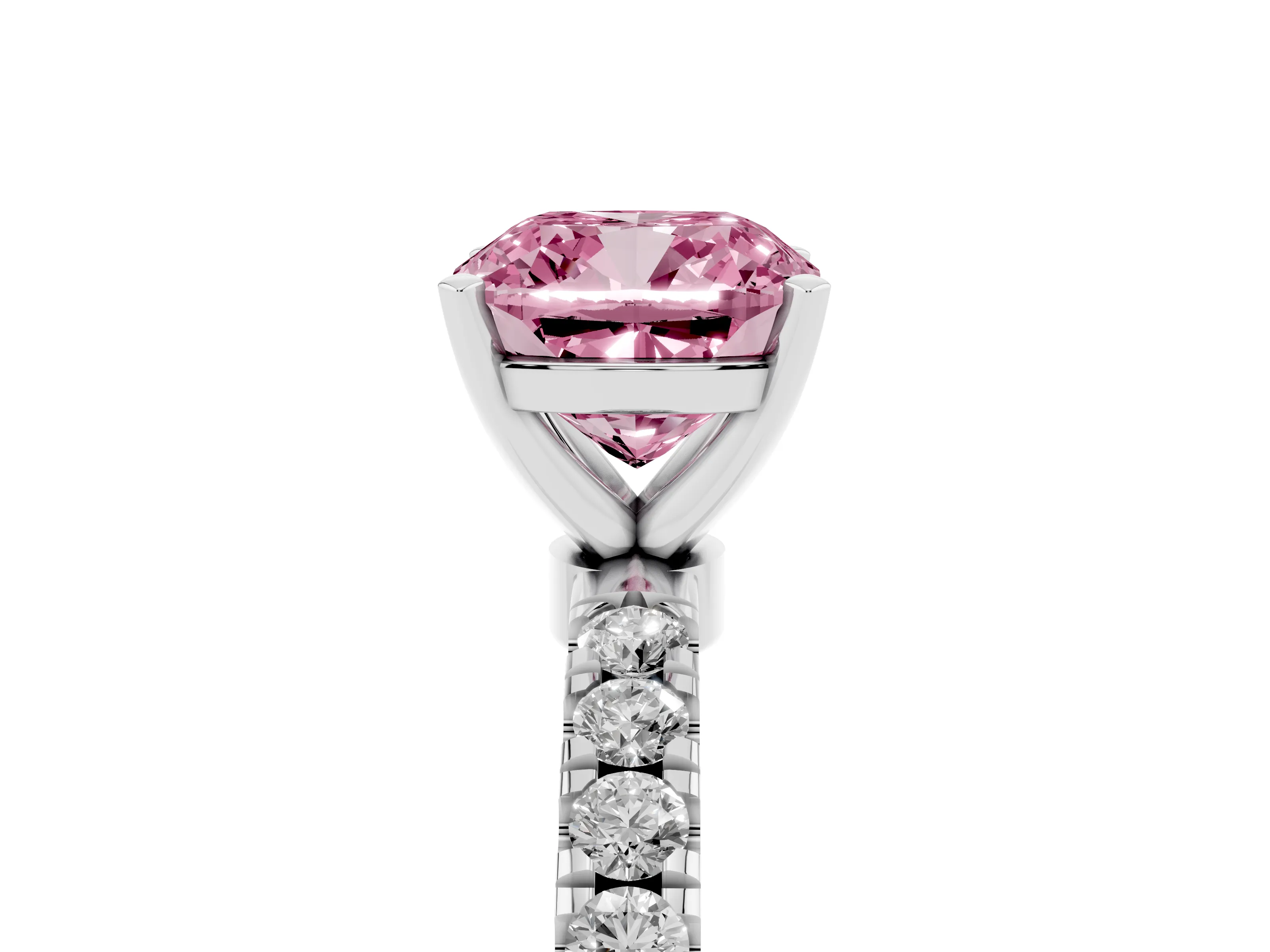 Fancy Pink Cushion Cut Diamond Solitaire Ring Set in Silver with Pavé Accents and Prong Setting
