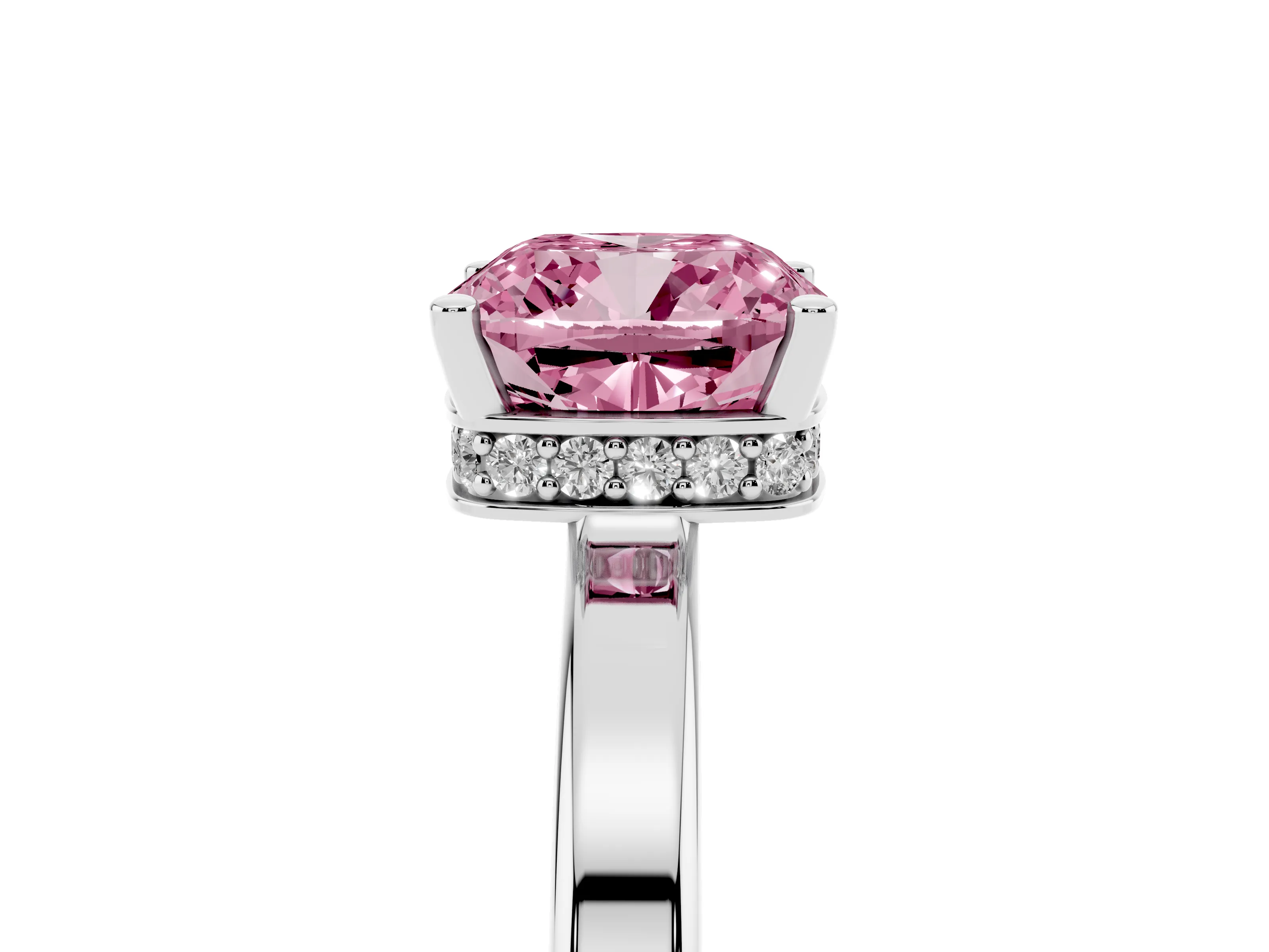 Fancy Pink Cushion Cut Diamond Solitaire Engagement Ring Set in White gold with Prong Setting on a Plain Band